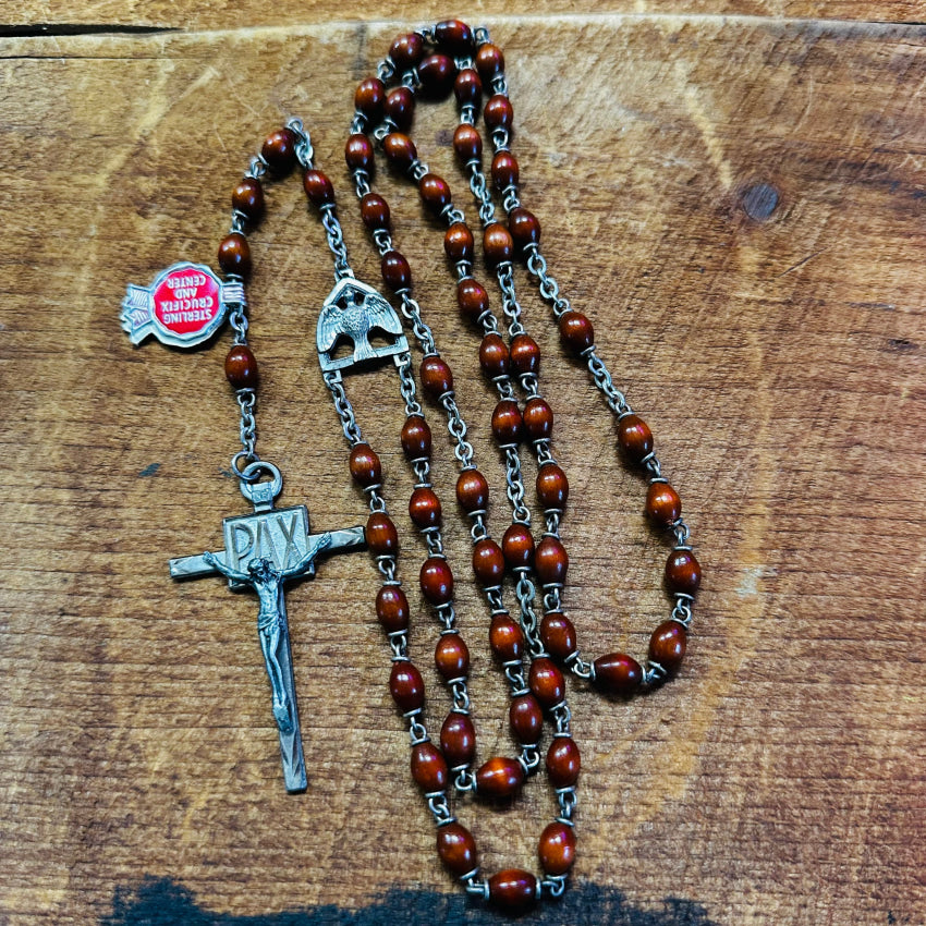 Vintage Sterling Silver & Wooden Bead Rosary Chapel Necklace with Original Tag - Perfect for Prayer, Meditation & Catholic Gifts