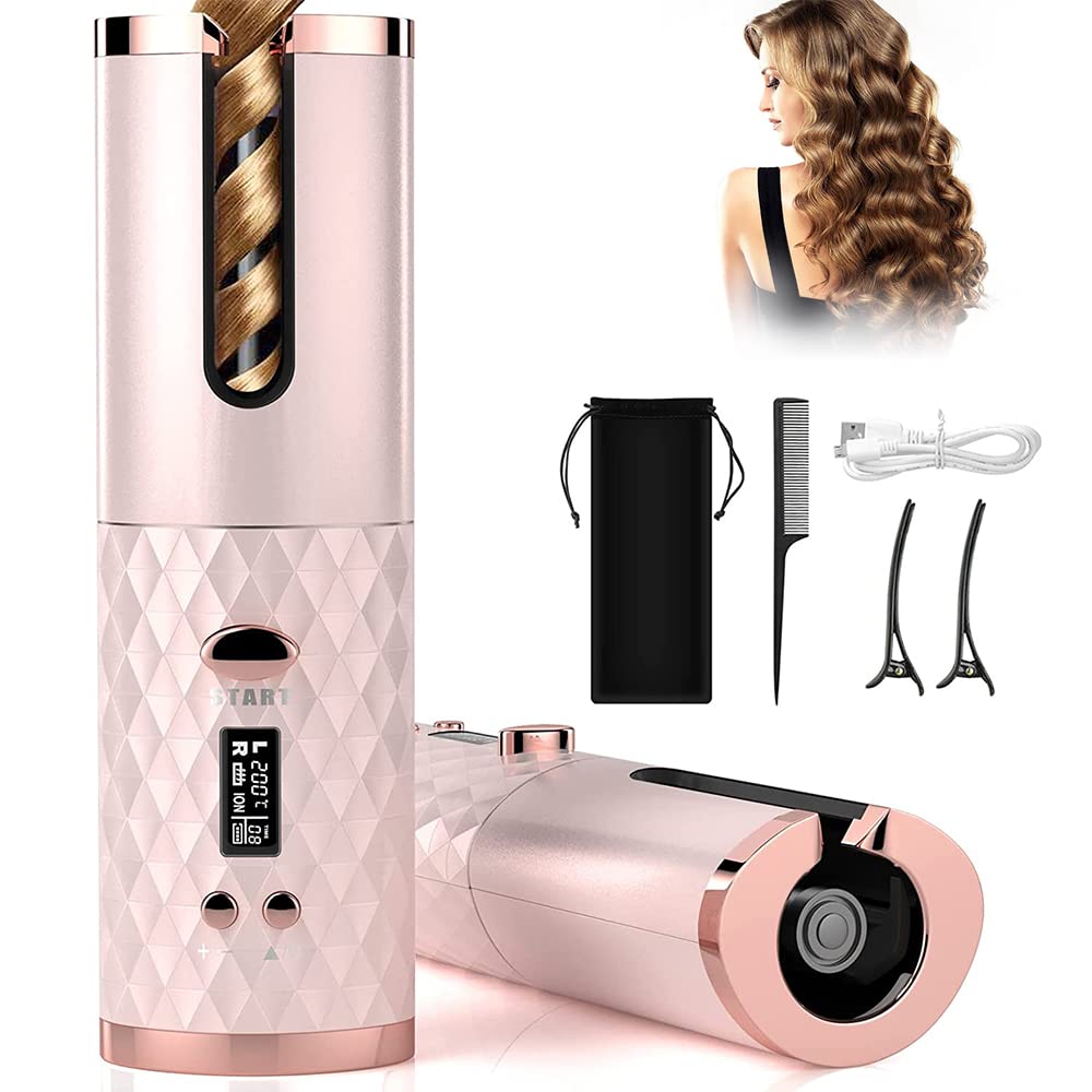 Automatic Curling Iron - Cordless Auto Hair Curler with 6 Temperature Settings & Timers, USB Rechargeable Ceramic Barrel Curling Wand for Fast Heating, Perfect for Travel, Home & Salon Styling (Great for Beach Waves, Party Hairstyles & Everyday Looks)