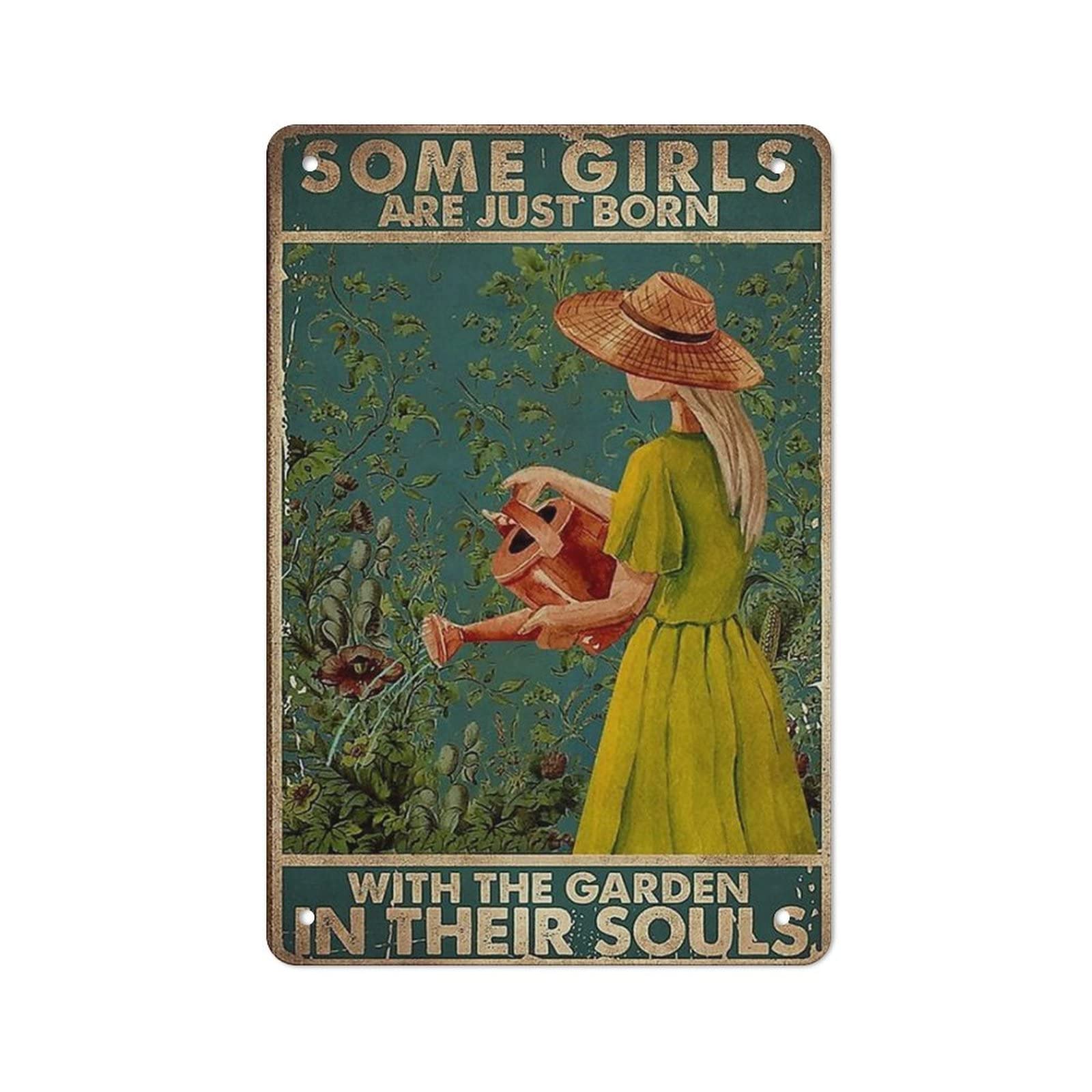 Vintage Gardening Tin Sign - 'Some Girls Are Just Born With Gardening In Their Souls' - 12x16 Inch Metal Wall Art for Plant Lovers - Perfect Gift for Mom, Dad & Friends - Ideal for Home, Garden Shed or Cafe Decor
