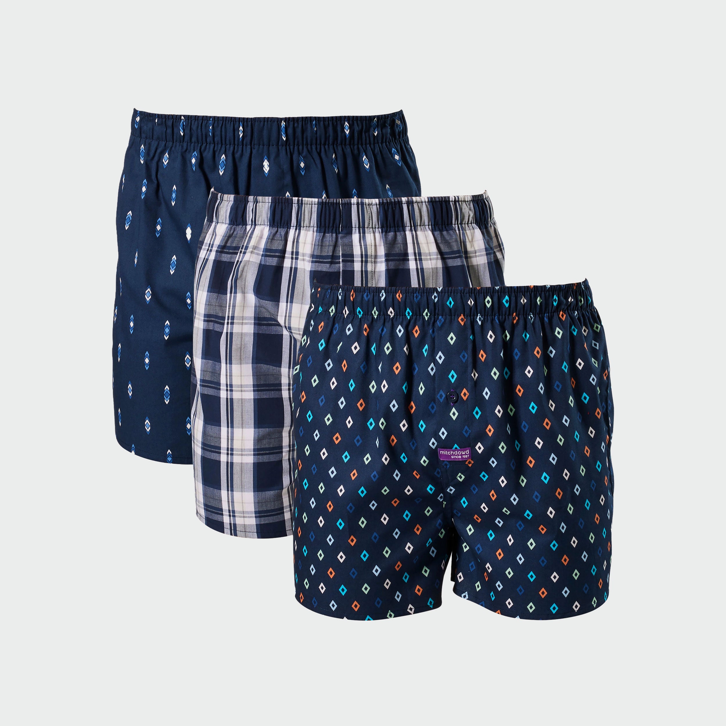 Premium Men's Diamond Blue Cotton Boxer Shorts 3-Pack - Soft Breathable Underwear for Daily Comfort & Sleep | Navy Blue Briefs for Workout, Lounge & Travel