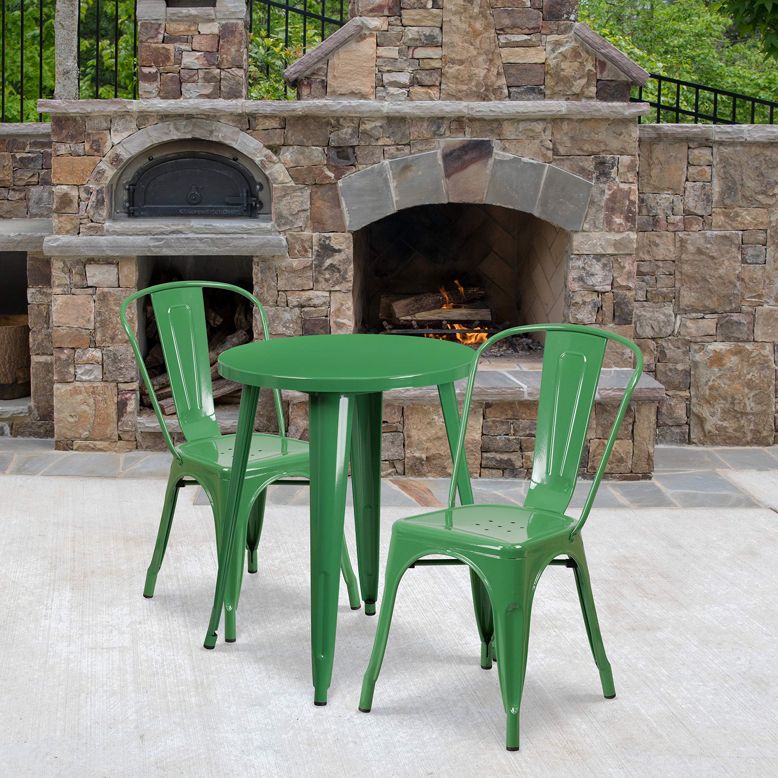 EMMA + OLIVER 24-Inch Round Green Metal Bistro Table Set with 2 Matching Chairs - Indoor/Outdoor Patio, Garden, Cafe Dining Furniture for Restaurants, Backyard, and Balcony