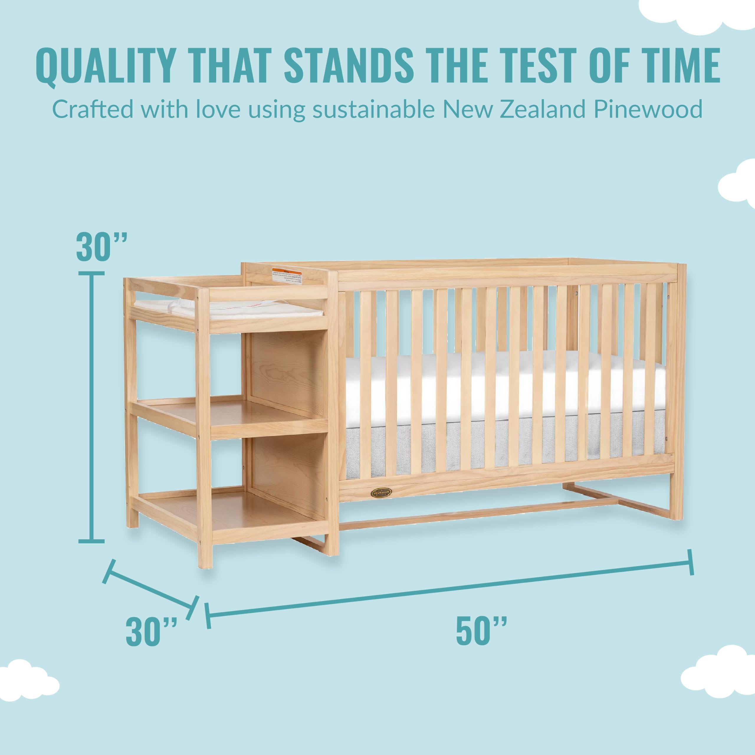 Dream On Me Milo 5-in-1 Convertible Crib & Changing Table with Free Changing Pad - Vintage White Oak Finish, 3 Adjustable Mattress Heights, Non-Toxic Pinewood | Nursery Furniture for Baby's Bedroom & Daycare Centers