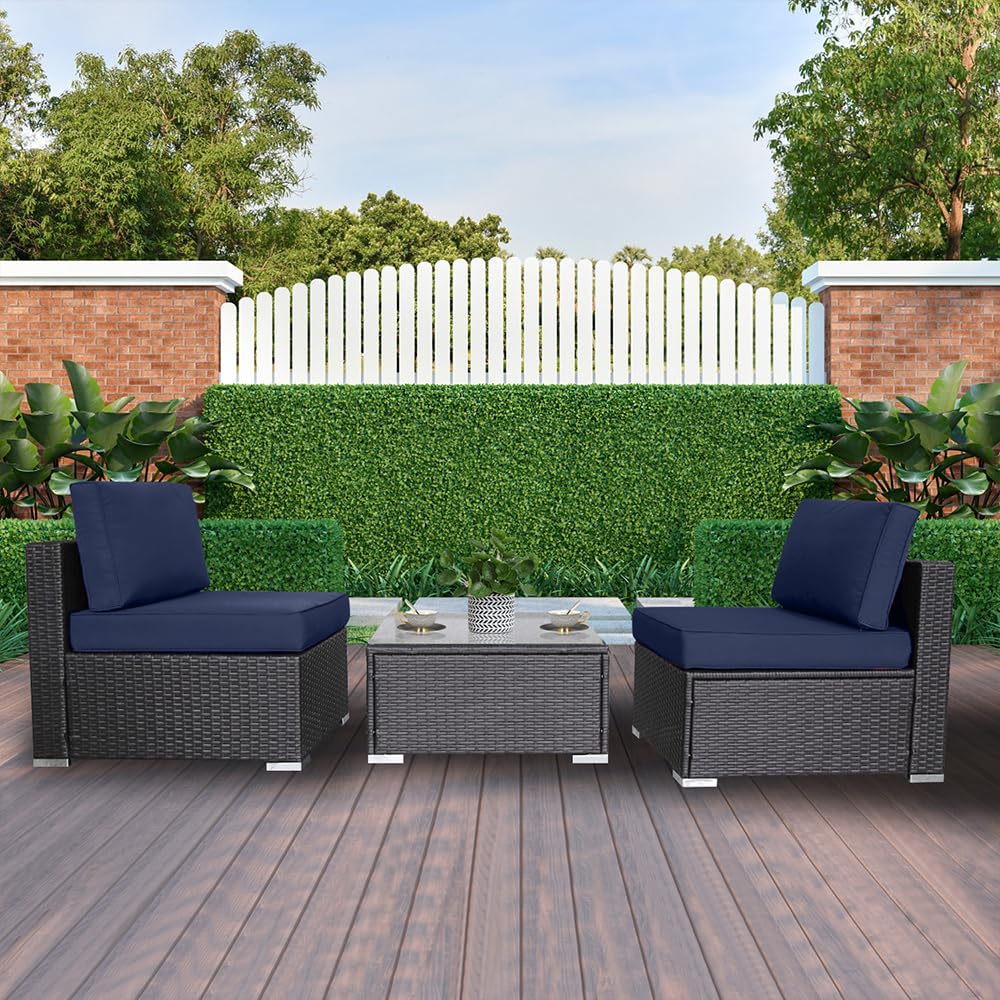 3PCs Outdoor Rattan Sectional Sofa Set - Waterproof Patio Wicker Furniture with Washable Cushions (Dark Blue) for Backyard, Garden & Poolside Relaxation