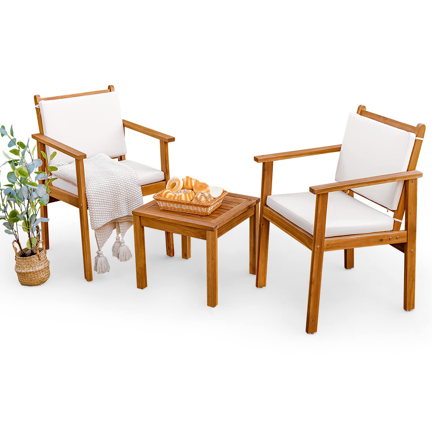 Greesum 3-Piece White Bistro Patio Furniture Set - Outdoor Chat Chairs with Waterproof Cushions & Coffee Table - Perfect for Beach, Backyard, Garden, and Poolside Relaxation