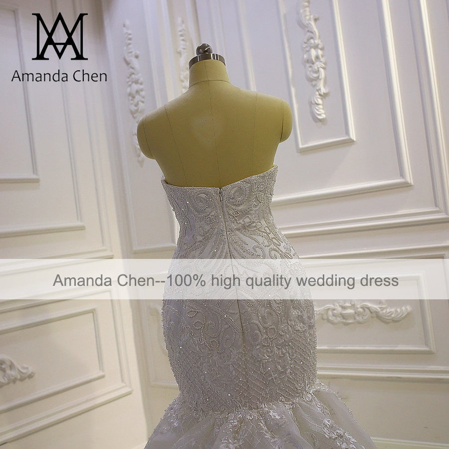 Strapless Lace Applique Mermaid Wedding Dress AM894 - Elegant White Bridal Gown for Beach, Church & Formal Weddings