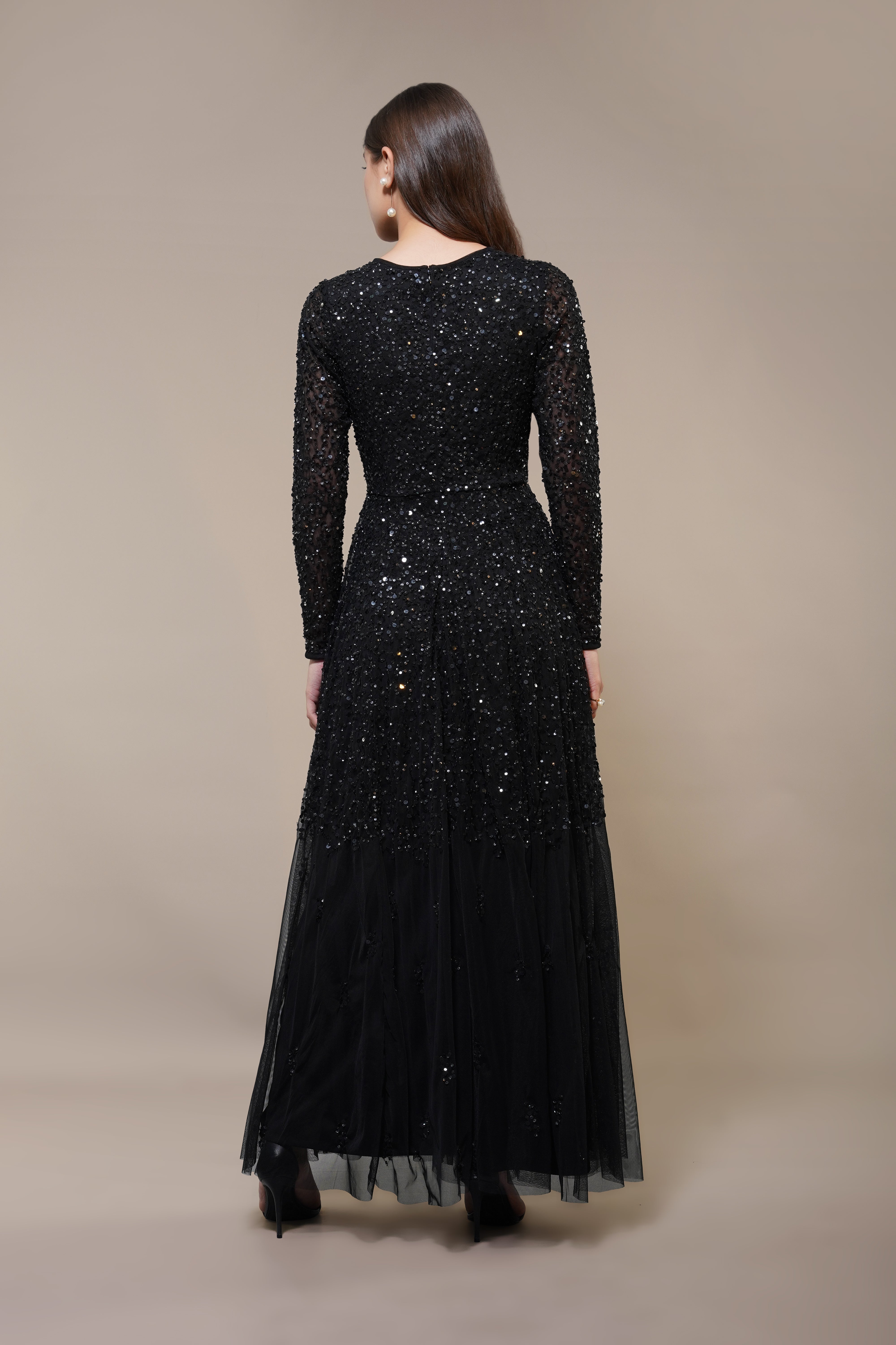 Elegant Black Sila Long Sleeve Embellished Maxi Dress for Women - Perfect for Evening Parties, Weddings & Special Occasions