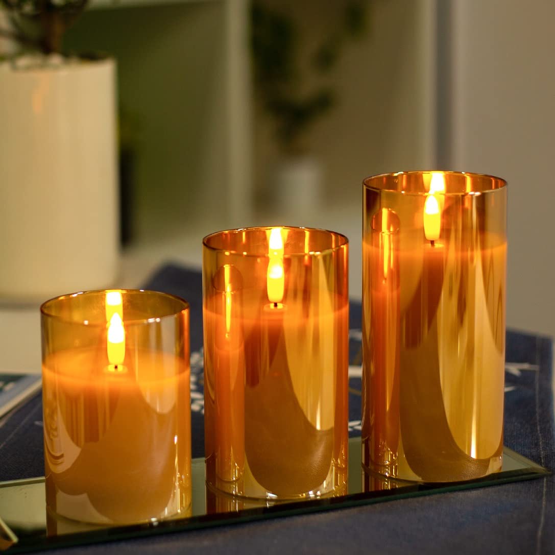 Premium Flameless LED Candles with Remote - Realistic 3D Flickering Wax Pillar Candles for Home Decor, Wedding, Party & Relaxation (Set of 3, Gold)