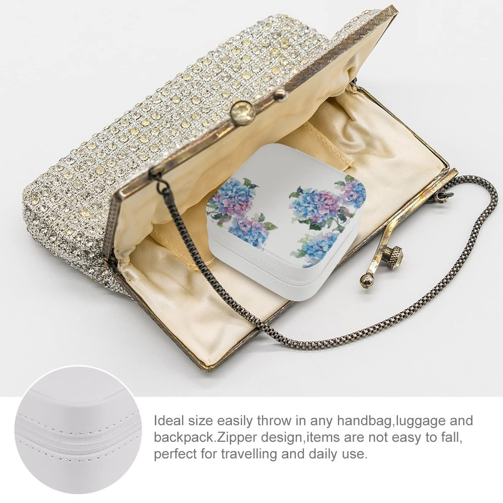 Small Travel Jewelry Organizer Box - Portable Storage Case for Rings, Earrings & Necklaces - Perfect Gift for Women, Girlfriends & Besties - Blue Hydrangeas Floral Design (4 Inch) - Ideal for Travel, Home Organization & Gift Giving