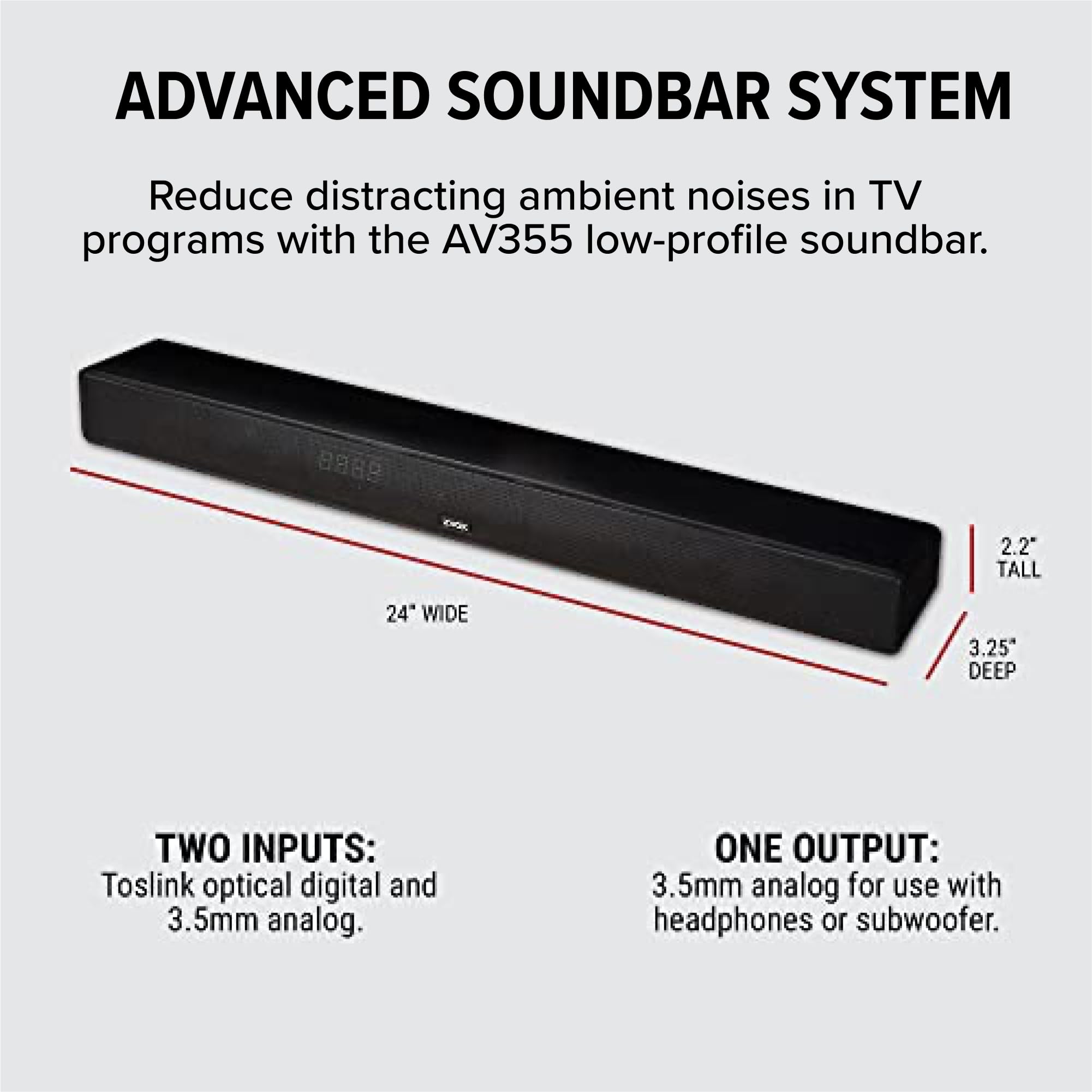 ZVOX Dialogue Clarifying Sound Bar with Patented Hearing Technology - 12 Levels of Voice Boost, AccuVoice, Ultra Low-Profile Design for Home Theater & Smart TV - AV355 Black - Ideal for Living Room, Bedroom, and Office