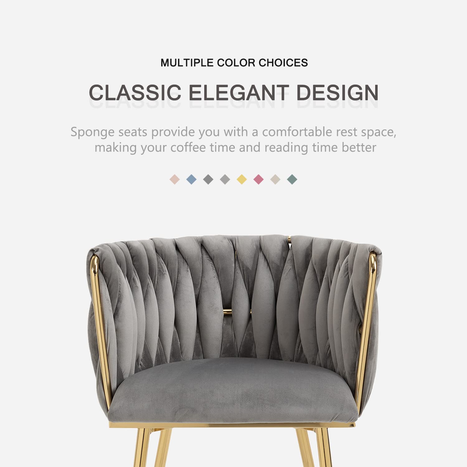 Nrizc Set of 2 Modern Velvet Upholstered Dining Chairs with Gold Metal Legs - Grey Woven Accent Chairs for Living Room, Dining Room & Kitchen | Perfect for Small Spaces, Breakfast Nooks & Contemporary Home Decor