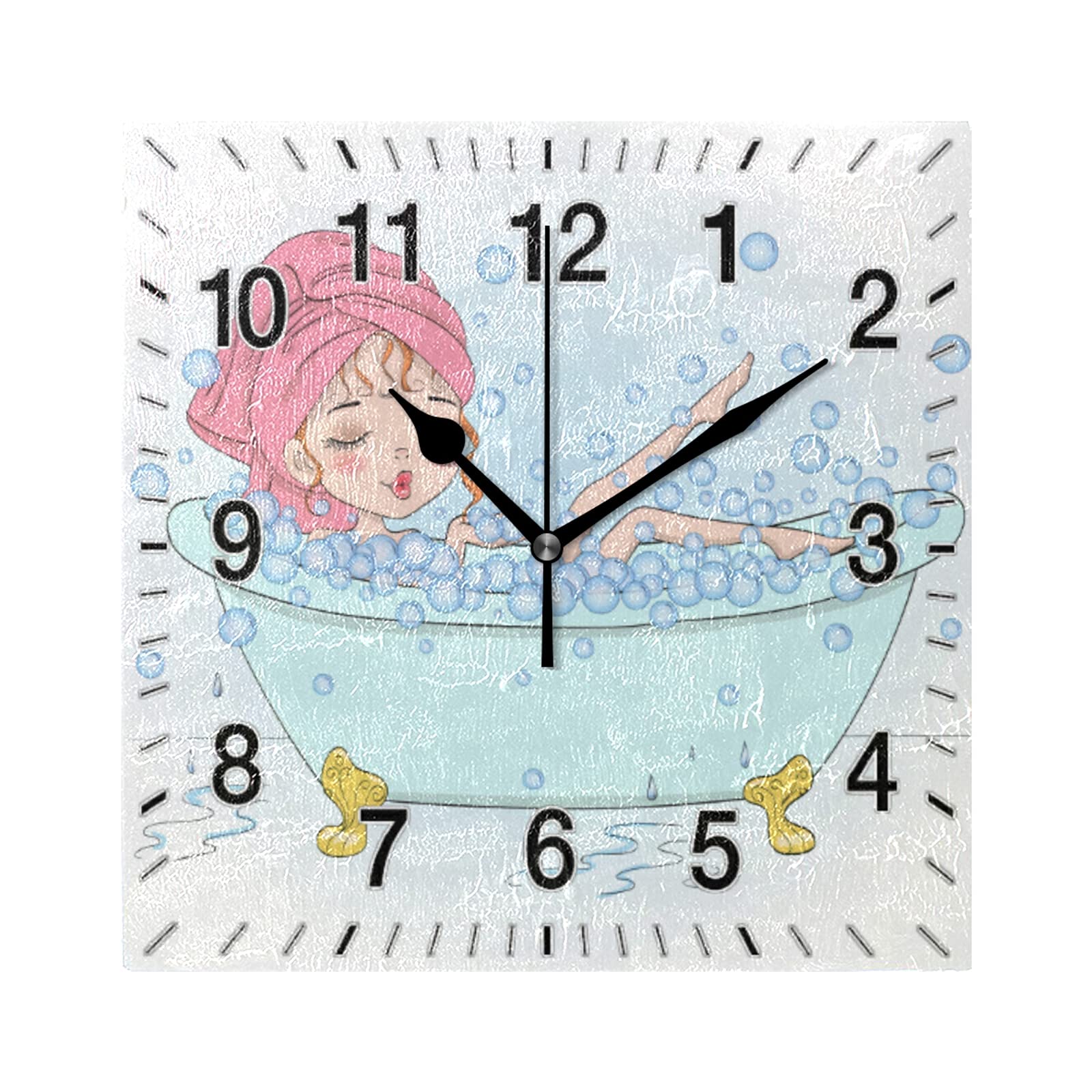 CHIFIGNO Square Girl in Bathtub Wall Clock - Creative Bathroom & Bedroom Decor, Kids Room Desk Clock, Office & School Space Decoration - Perfect for Home, Dorm, Nursery & Gift Giving