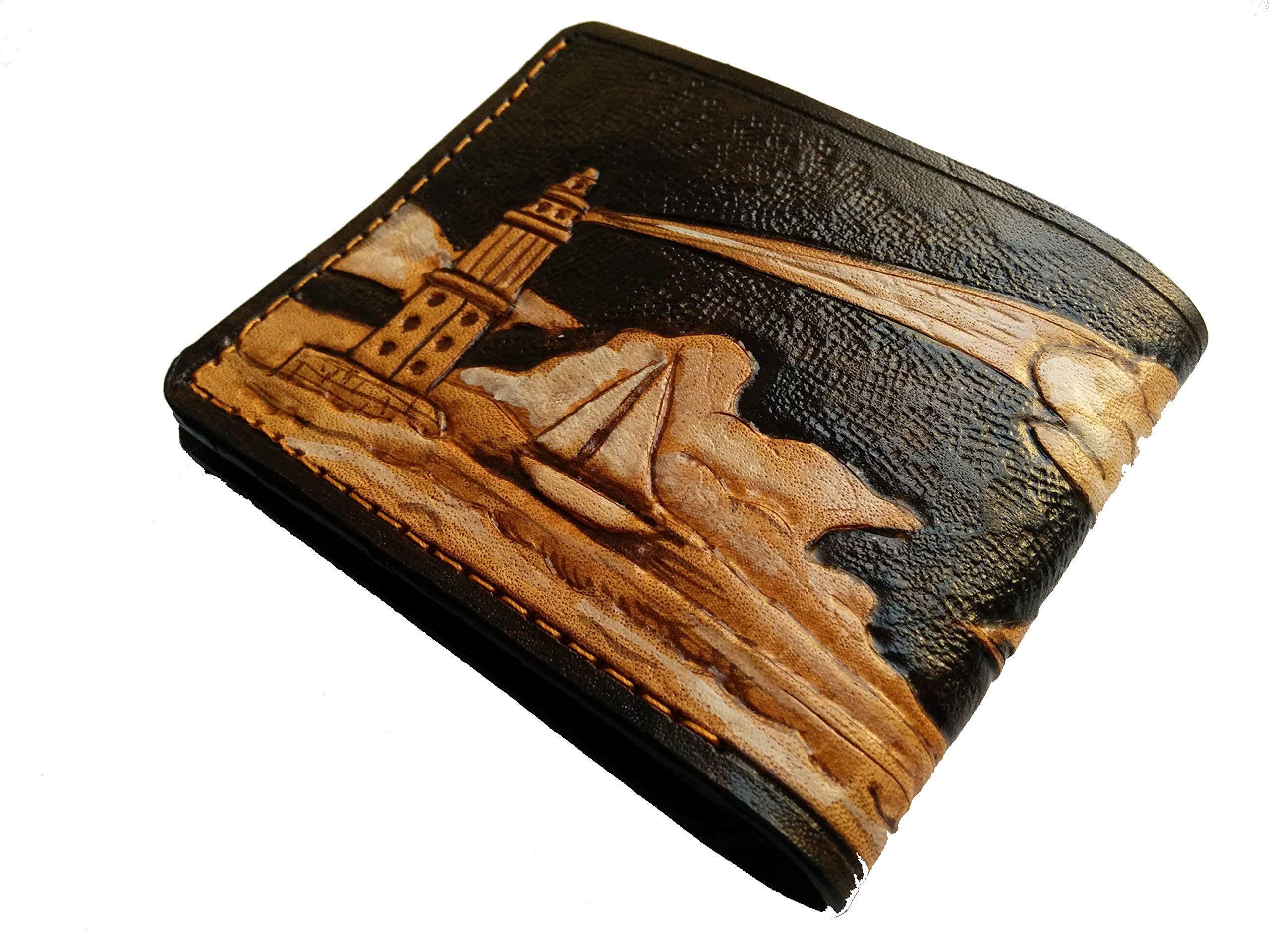Sailor-Themed Genuine Leather RFID Men's Bifold Wallet - Clipper Ship & Lighthouse Embossed Handmade Biker Wallet - Perfect for Nautical Enthusiasts, Yacht Lovers & Outdoor Adventures