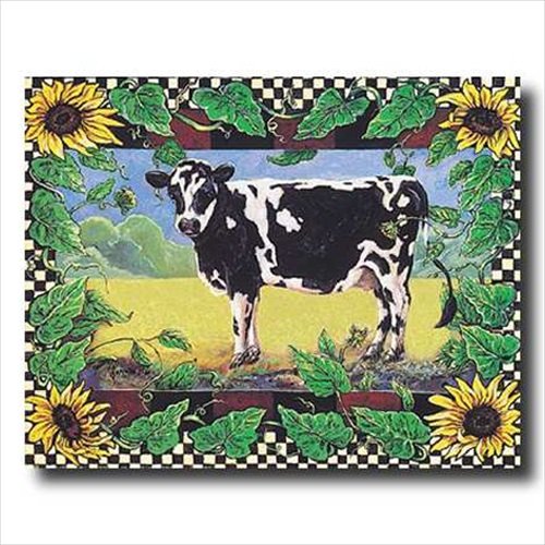 Rustic Country Cow & Sunflower Folk Art Print - Honey Framed Wall Decor for Farmhouse, Country Kitchen & Living Room