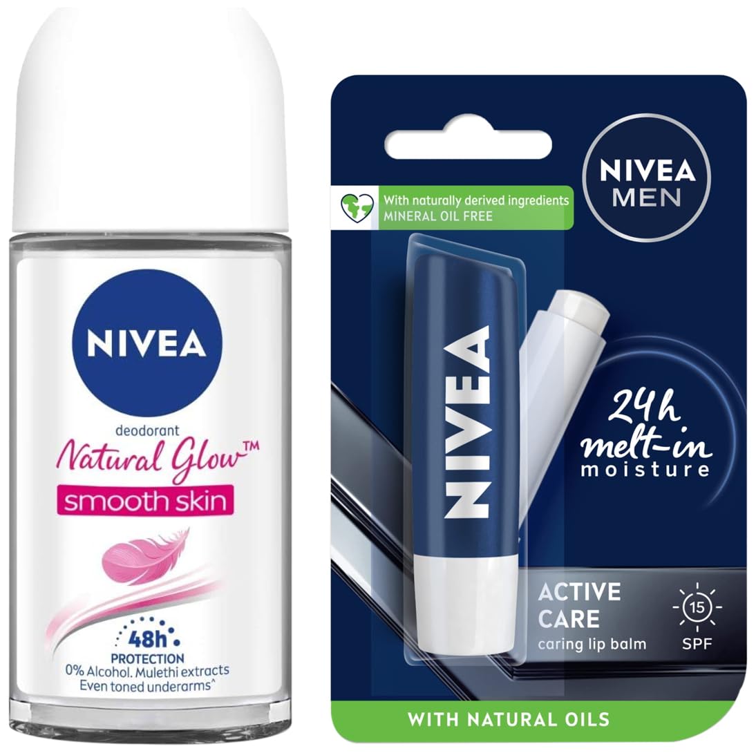 Nivea Men & Women Unscented Deodorant Roll-On for Smooth Skin - 50ml with Whitening Effect | Active Care Lip Balm SPF 15 - 4.8g (Pack of 1) | Daily Personal Care for Freshness & Sun Protection