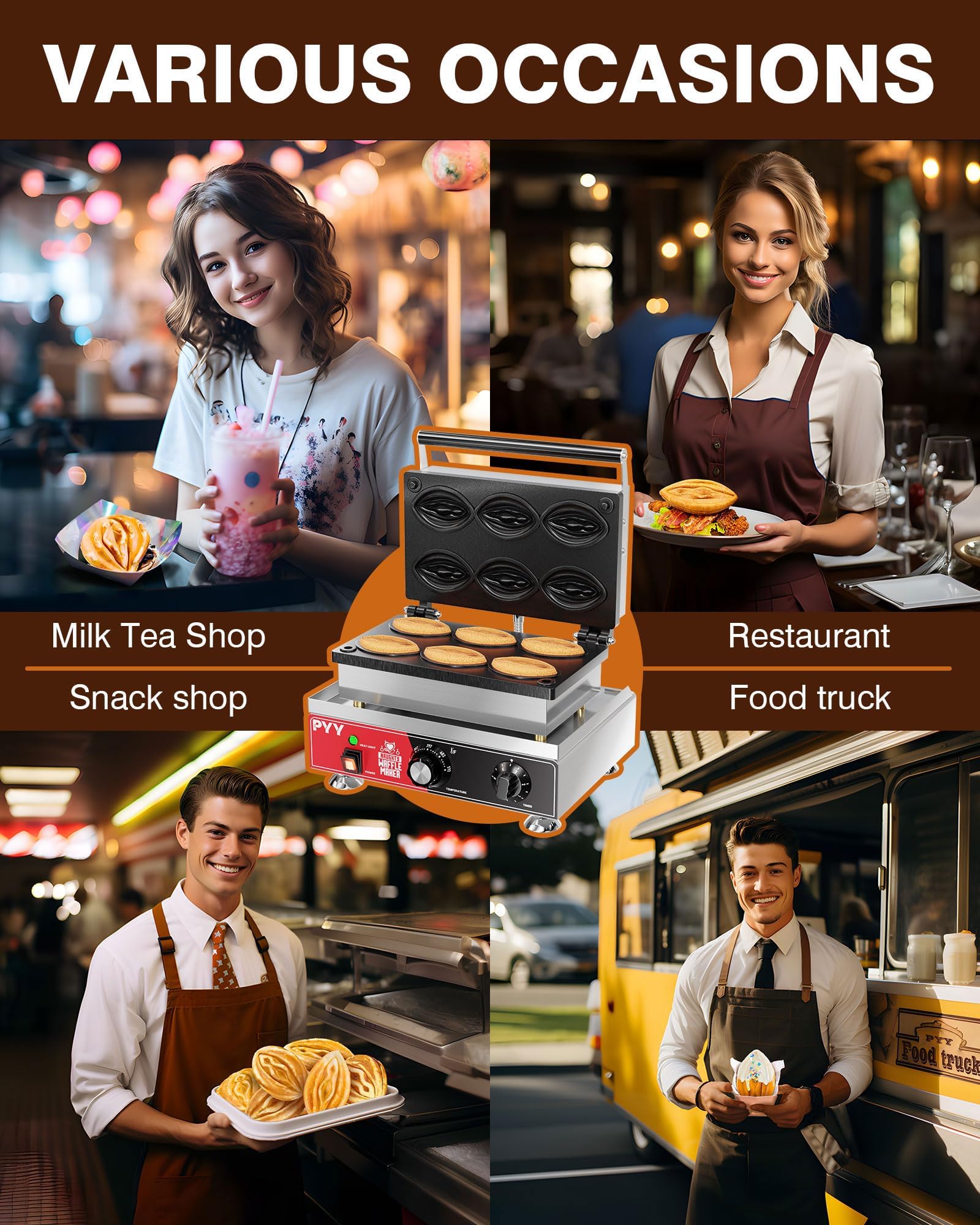 Commercial Waffle Maker - 6-Piece Unique Abalone Shape Waffle Iron with Non-Stick Coating, 1600W Electric Stainless Steel Double-Sided Removable Plates, Adjustable Temperature 122-572°F - Perfect for Restaurants, Cafes, and Home Breakfast Cooking