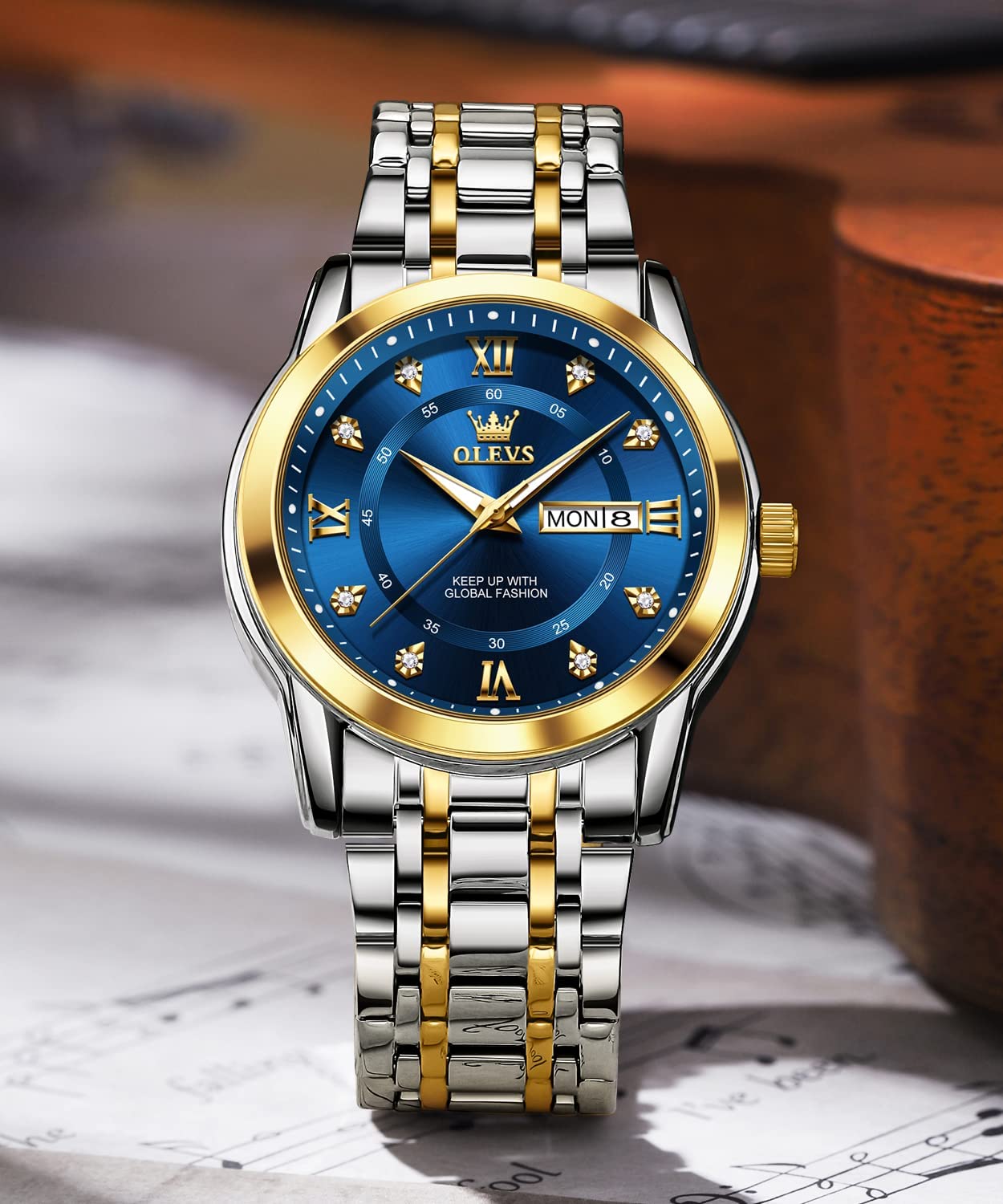 OLEVS Men's Luxury Diamond Watch - Stainless Steel Business Dress Wristwatch with Quartz Movement, Waterproof & Luminous Day Date Display - Perfect for Formal Events, Office Wear & Special Occasions