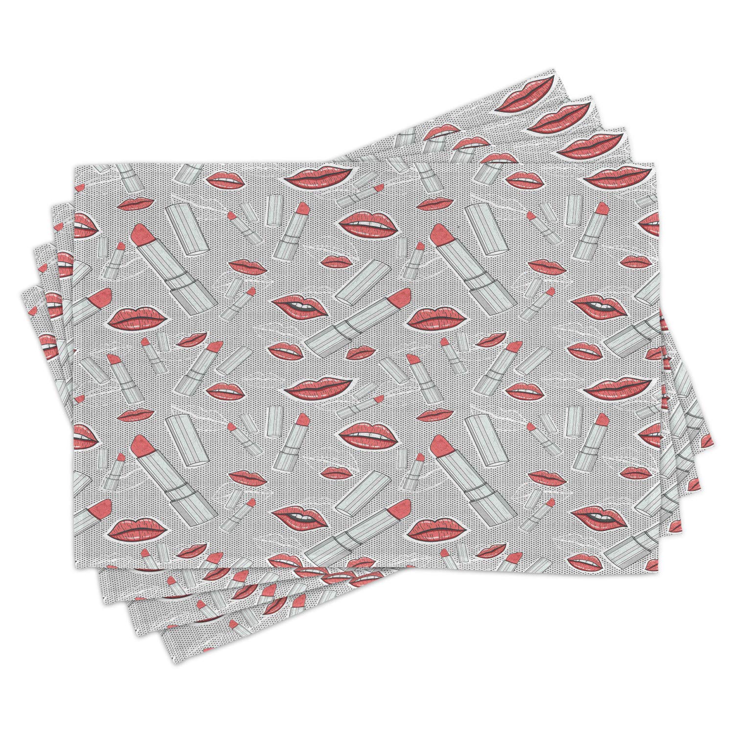 Ambesonne Hipster Place Mats Set of 4 - Fashion Girl Cosmetic Design with Lips & Lipstick Pattern, Washable Fabric Dining Table Mats, Standard Size (Red/Grey) - Perfect for Coffee Shops, Bistro Tables & Beauty Salon Decor
