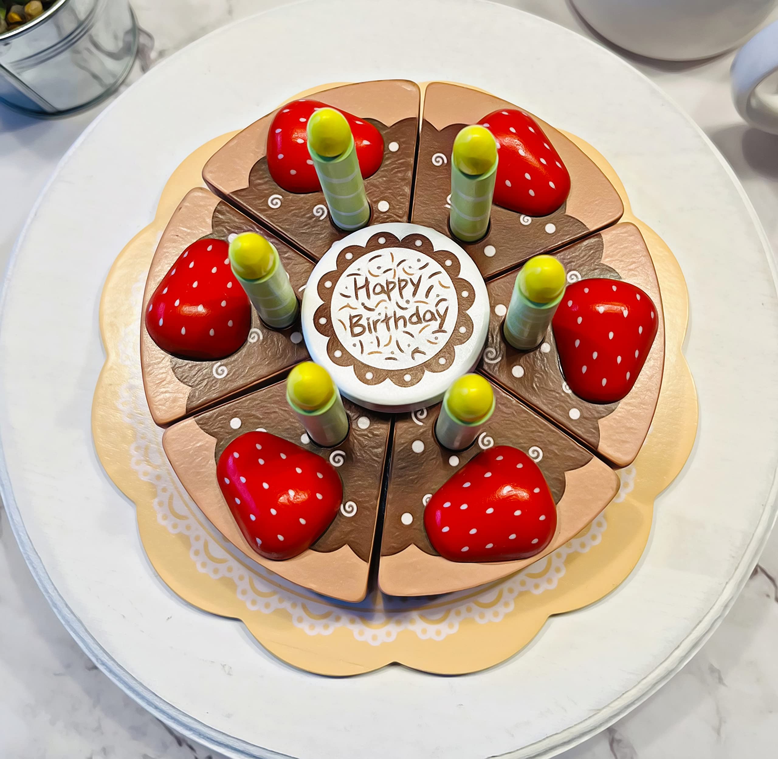Artificial Chocolate Strawberry Fake Cake - Wooden Birthday Decoration for Parties, Weddings & Home Decor