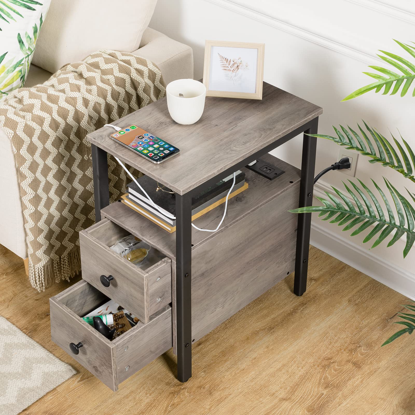 HOOBRO Set of 2 Narrow End Tables with Charging Station, USB Ports & Power Outlets, Nightstand with Drawers for Small Spaces - Greige and Black BG541BZP201 | Perfect for Living Room, Bedroom & Office Use