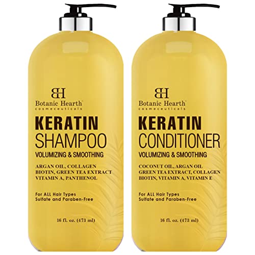 Botanic Hearth Keratin Shampoo and Conditioner Set with Argan Oil, Collagen & Biotin - Sulfate-Free Hair Care for Dry, Damaged, Frizzy & Color-Treated Hair - Hair Thickening & Nourishing - Made in USA (16 fl oz Each) - Perfect for Daily Use & Salon-Quality Results at Home