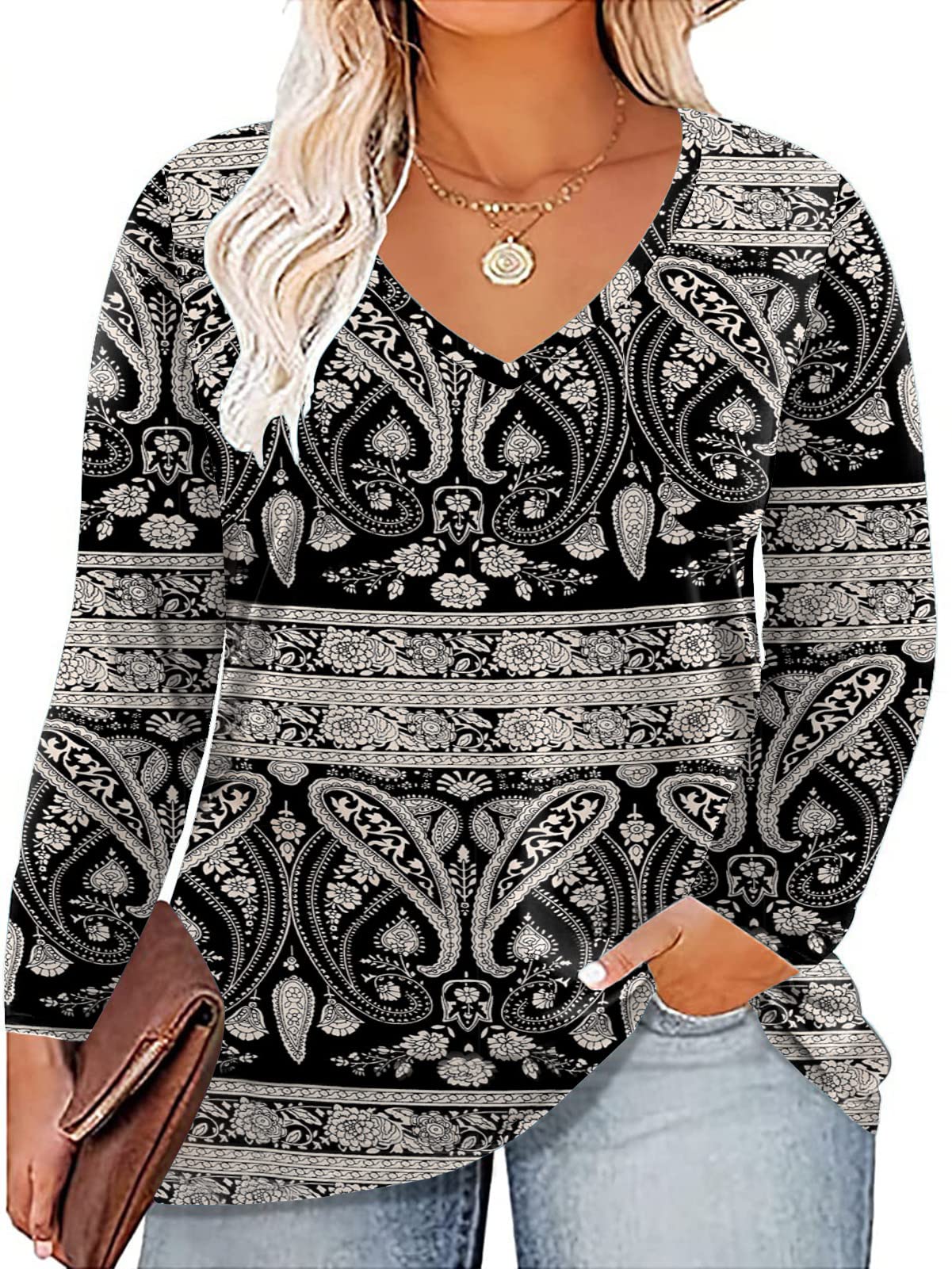ROSRISS Plus Size Women's Long Sleeve V-Neck Tunic Tops - Solid Color Blouses & Casual Tees for Work, Office & Everyday Wear