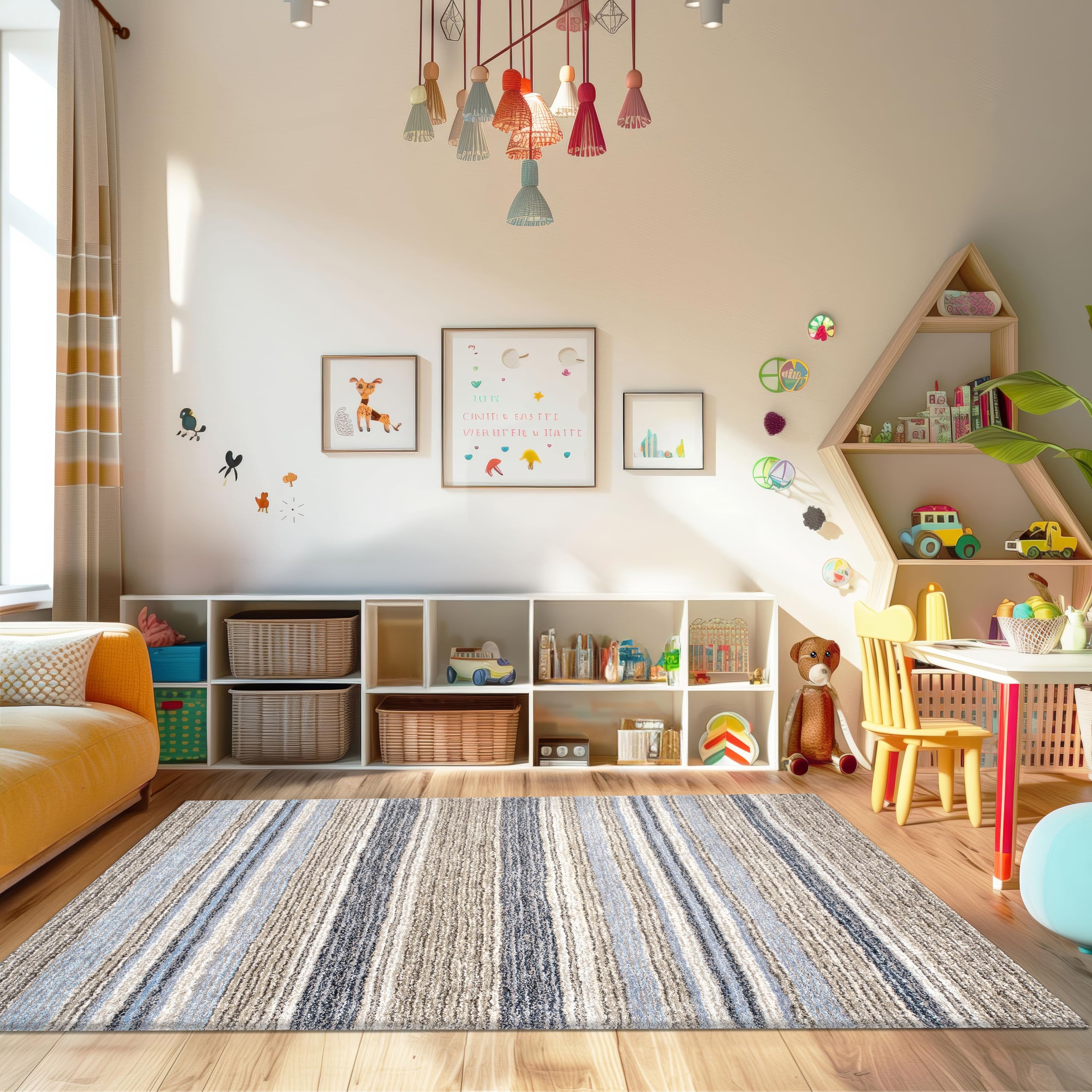 nuLOOM Drey Striped Shag Area Rug 5x8 Feet - Soft Plush Casual Denim & Ivory Shaggy Rug for Living Room, Bedroom, Dining Room, Nursery - Perfect for Cozy Home Decor & Kids Play Area