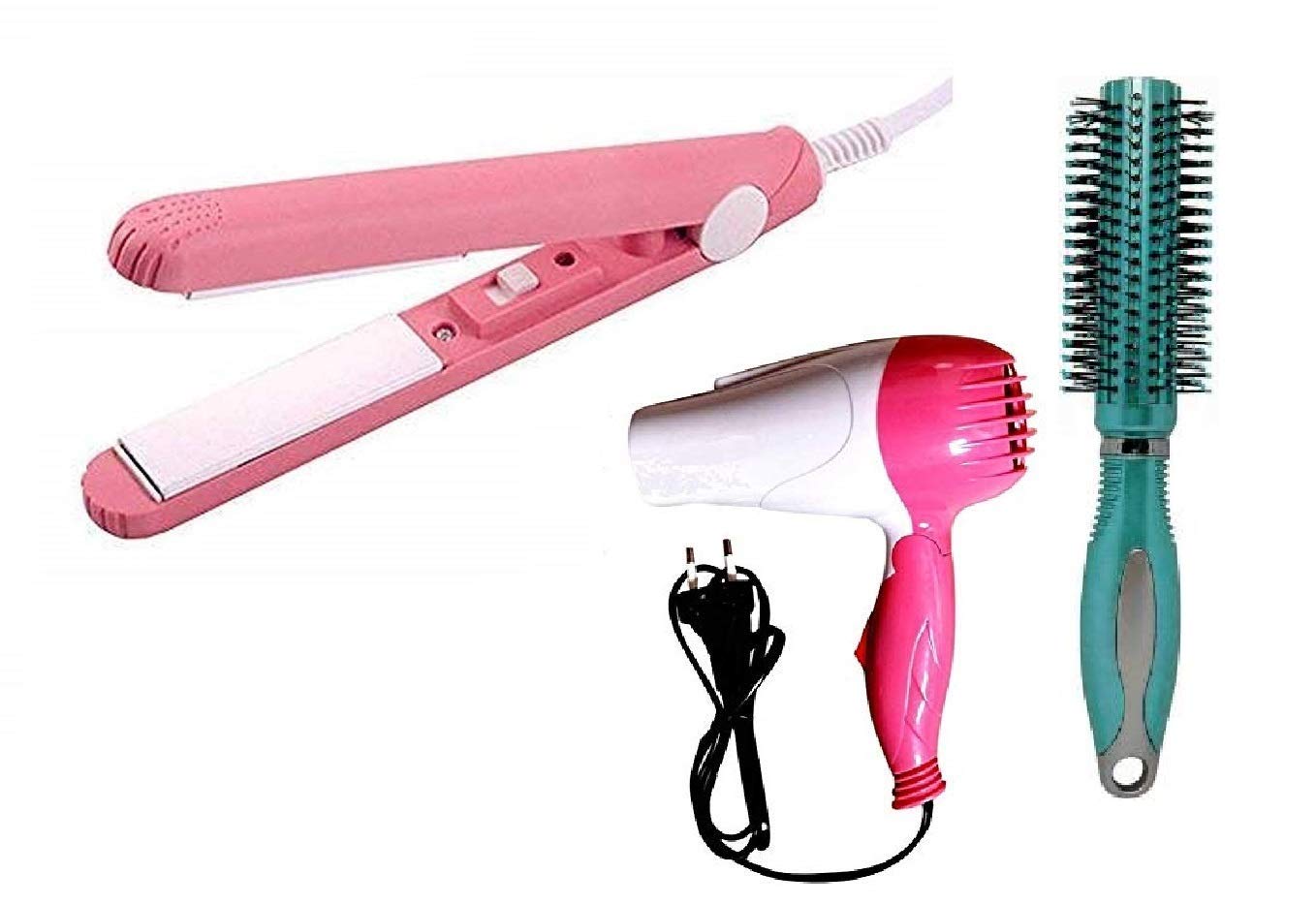 Professional Hair Dryer with Foldable Handle & Mini Straightener - Travel Friendly, Salon Quality, Includes Round Comb (Pink) - Perfect for Home, Salon & Travel Styling