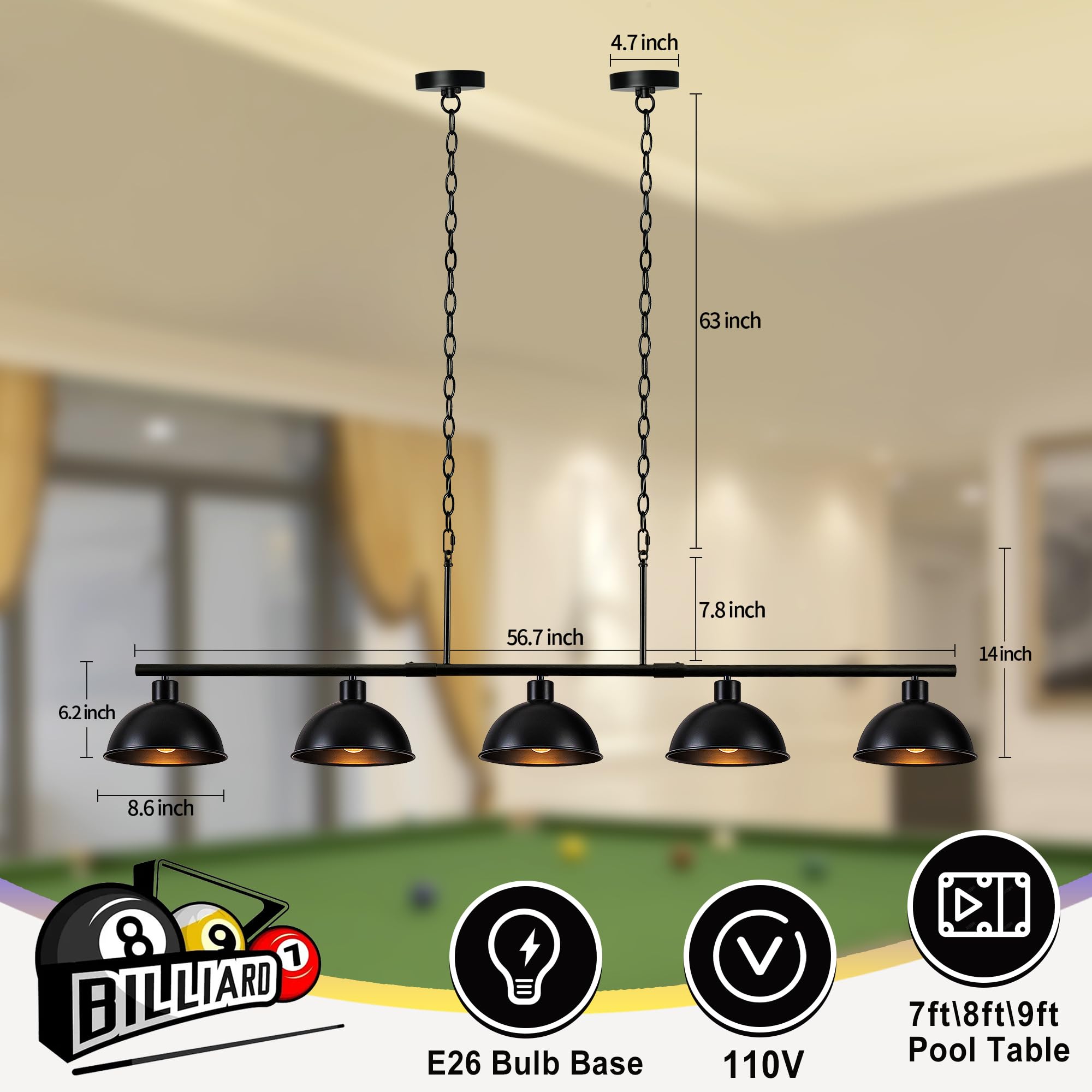 Premium Billiard Table Light Fixture - Adjustable Hanging Pool Table Lamp for Game Rooms & Bars - Dimmable LED Chandelier for Dining Room, Kitchen Island & Farmhouse Decor - Perfect Lighting for Nighttime Games & Entertainment Gatherings