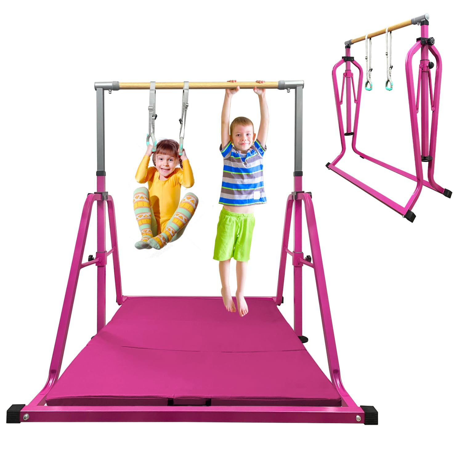 Adjustable Gymnastics Bar for Kids with Rings Set - 7 Height Levels, Foldable Monkey Bars for Home Training, Max Load 300LBS - Perfect for Indoor Playroom & Backyard Fitness