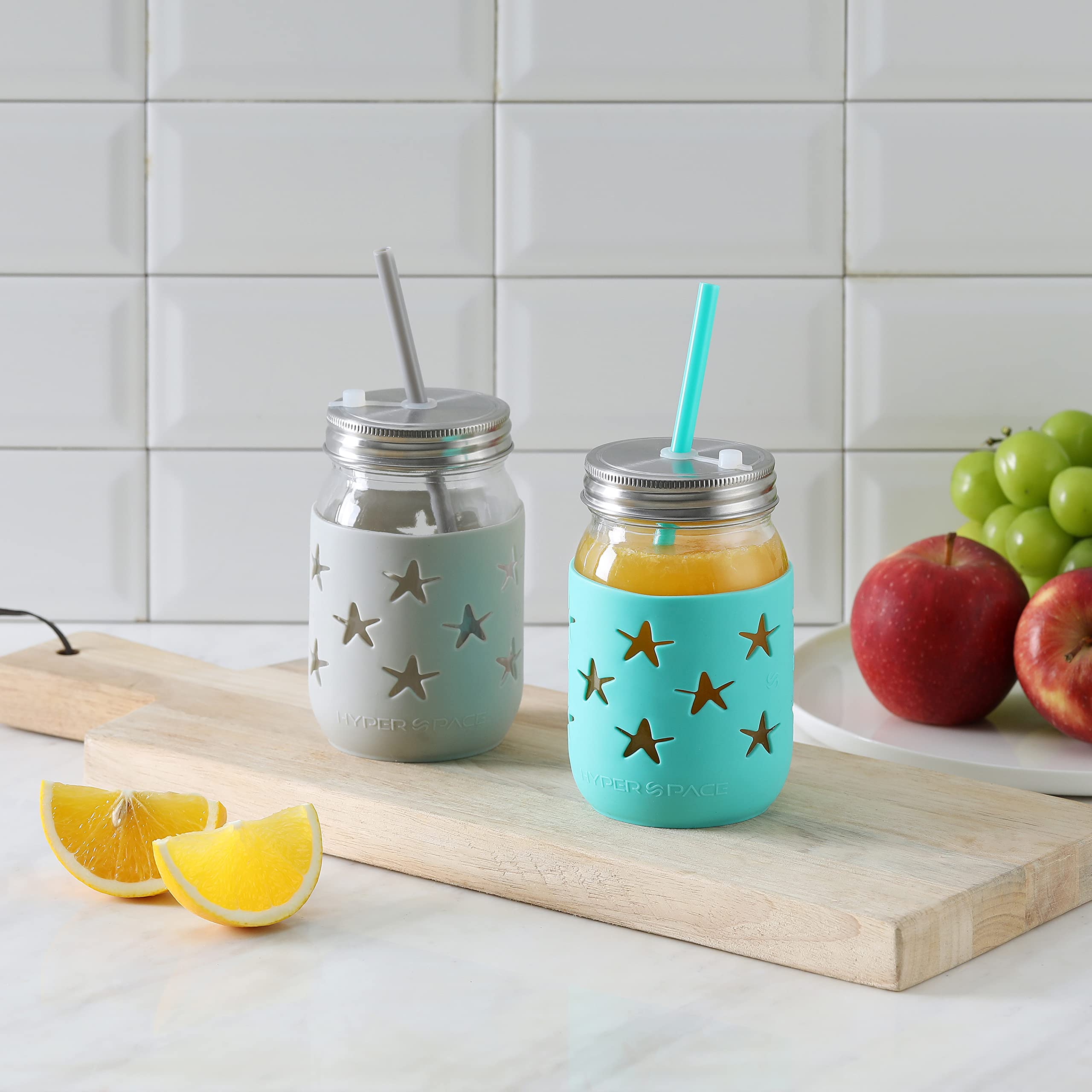 16oz Mason Jars with Silicone Sleeve - BPA Free Drinking Glasses with Straws & 8 Stainless Steel Lids (4-Color Star Pattern) - Perfect for Iced Coffee, Smoothies, and Home Canning