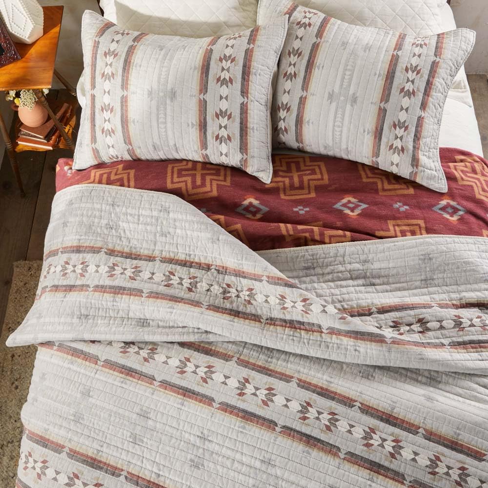 Southwest Style Full/Queen Quilt - 88x92 Inch Neutral Gray Taupe Beige Red Cotton Bedspread with Linen Texture | Perfect for Southwestern Decor, Guest Bedrooms & Cozy Farmhouse Style