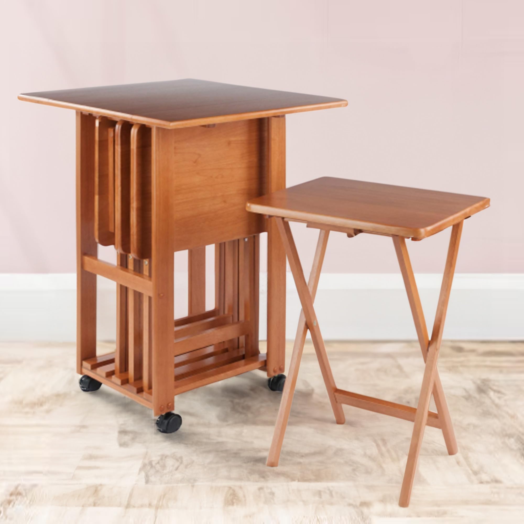 5-Piece Oversize Teak Wooden Snack Table Set - Foldable Rectangular Tray Tables for Living Room, Patio, Beach - Perfect for Snacks, Beverages, Books & Home Decor