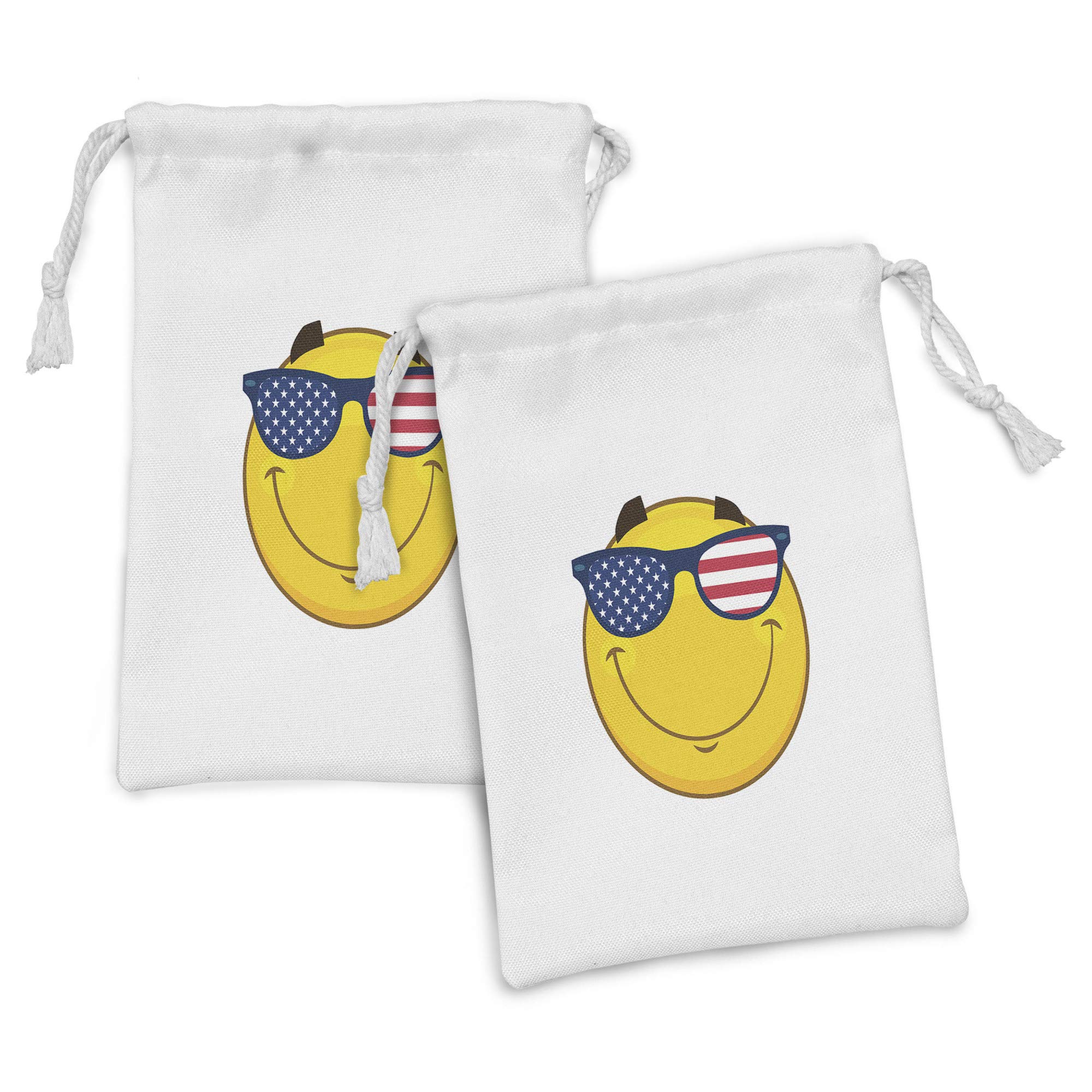Ambesonne Smile Fabric Pouch Set of 2 - Cheerful Face Character with USA Flag Sunglasses - Small Drawstring Bag for Toiletries, Masks, Party Favors - 9