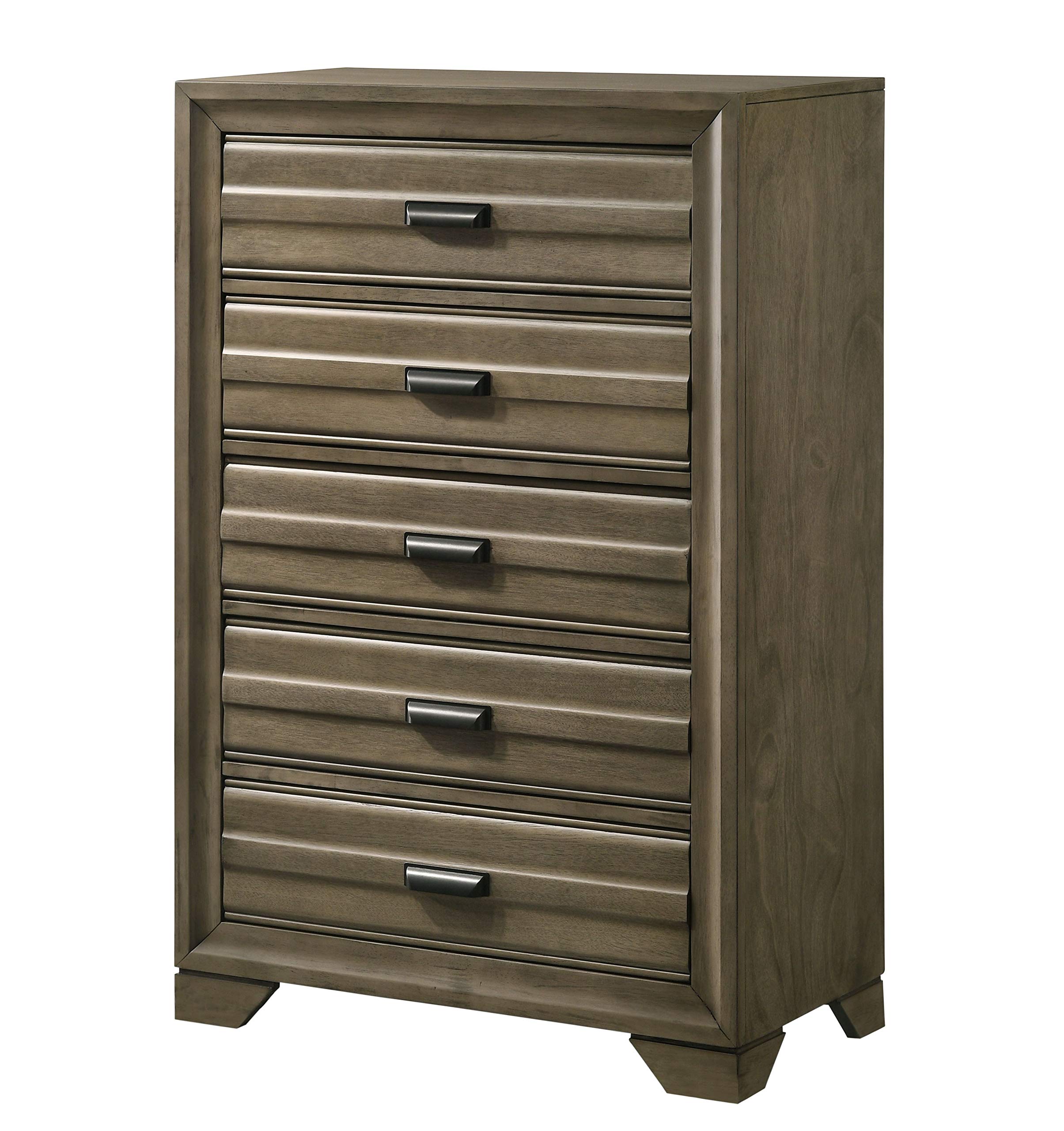 Roundhill Furniture Loiret Wood Storage Platform Queen Bedroom Set with Dresser, Mirror, 2 Nightstands & Chest - Light Gray Finish - Modern Bedroom Furniture for Small Spaces & Guest Rooms