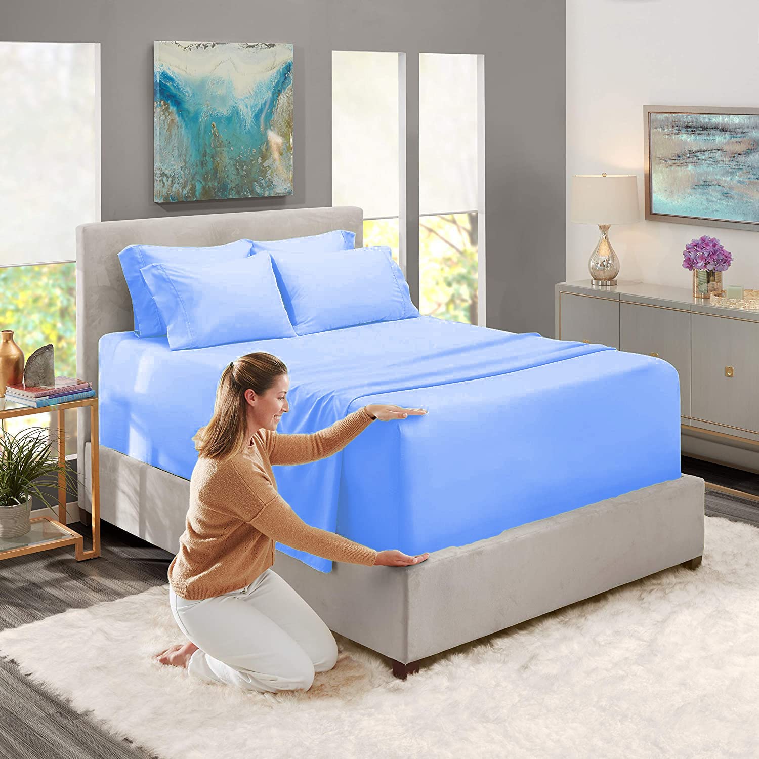 Luxury 100% Cotton 800 Thread Count Bed Sheet Set - 7 Piece Premium Bedding (Twin Size, Light Blue) with 15