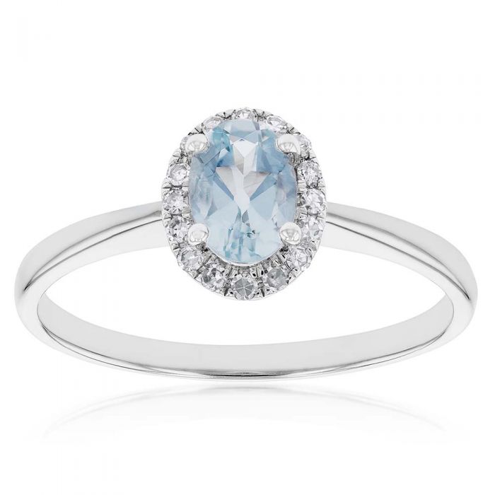 9ct White Gold Aquamarine & 0.10 Carat Diamond Ring for Women - Elegant Birthstone Jewelry for Engagement, Anniversary & Special Occasions