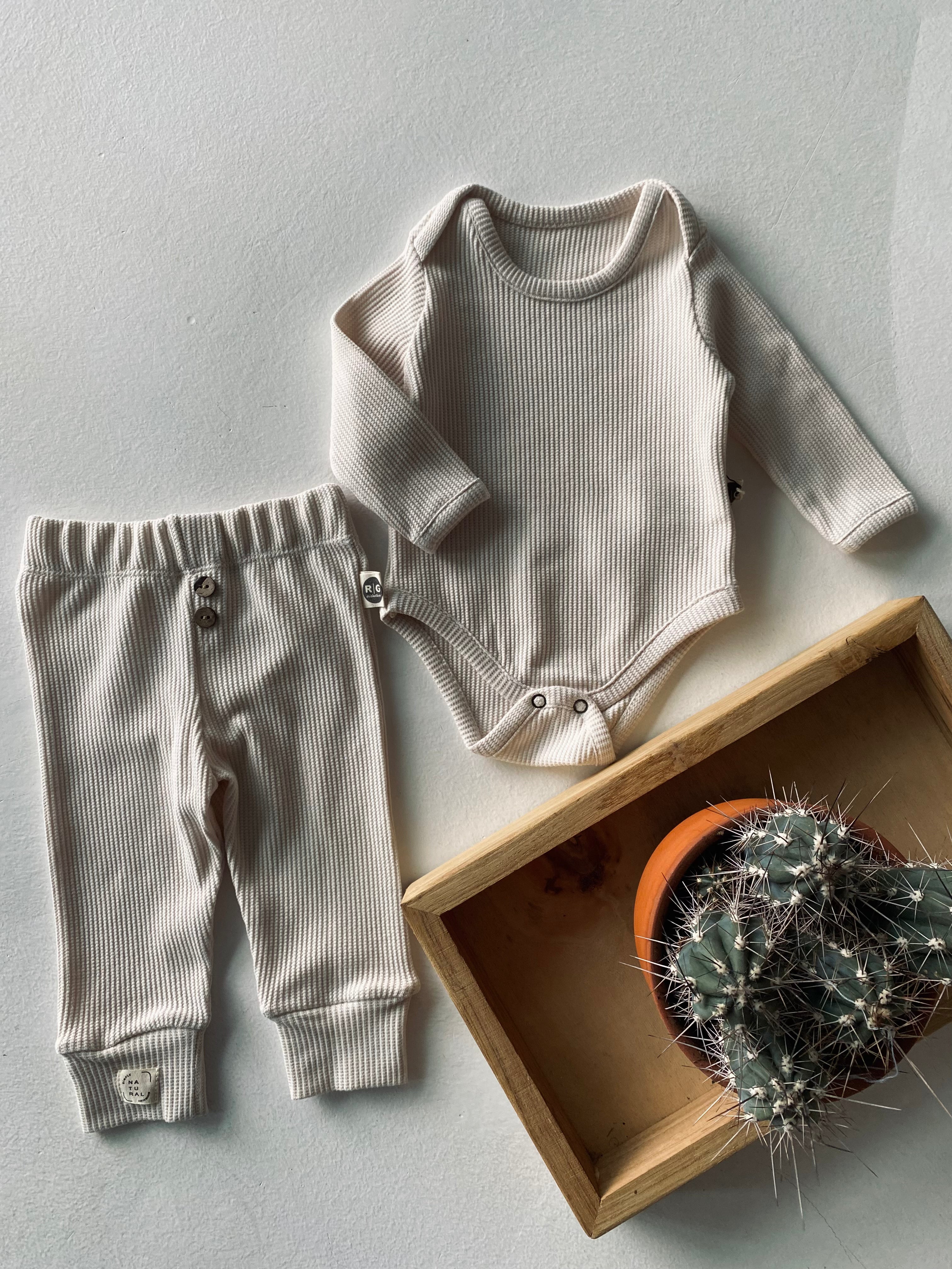 Natural Baby Waffle Top & Bottom Set - Soft Cotton Outfit for Newborns & Infants - Perfect for Playtime, Photo Shoots & Everyday Comfort