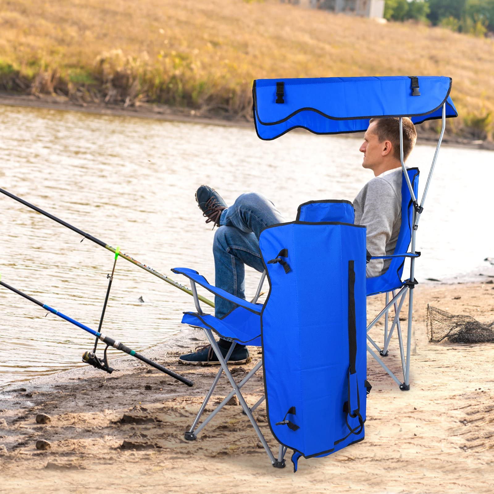 Foldable Beach Canopy Chair with Sun Shade - Heavy Duty Camping Chair for Outdoor Use, Portable Lawn Chair with Cup Holder - Perfect for Beach, Park, Patio, Backyard & Picnic (Blue)