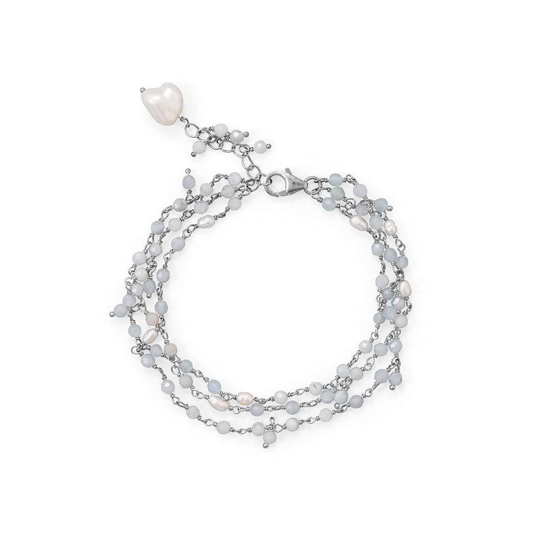 925 Sterling Silver 7+1 Inch Adjustable Three-Strand Aquamarine & Freshwater Pearl Bracelet for Women - Elegant Jewelry Gift for Birthday, Anniversary & Special Occasions