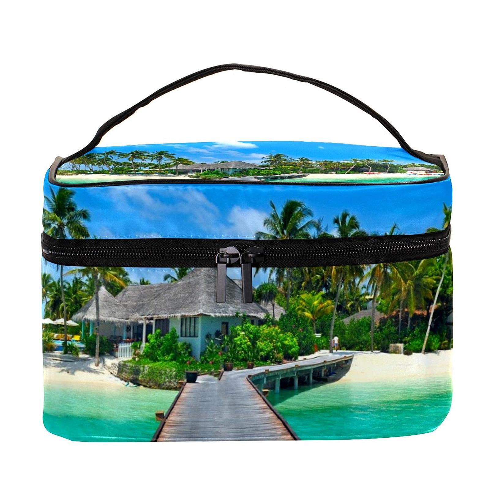 Waterproof Tropical Beach Print Travel Makeup Bag - Large Cosmetic Organizer with Zipper for Women & Girls | Perfect for Vacations, Beach Trips & Gym Essentials