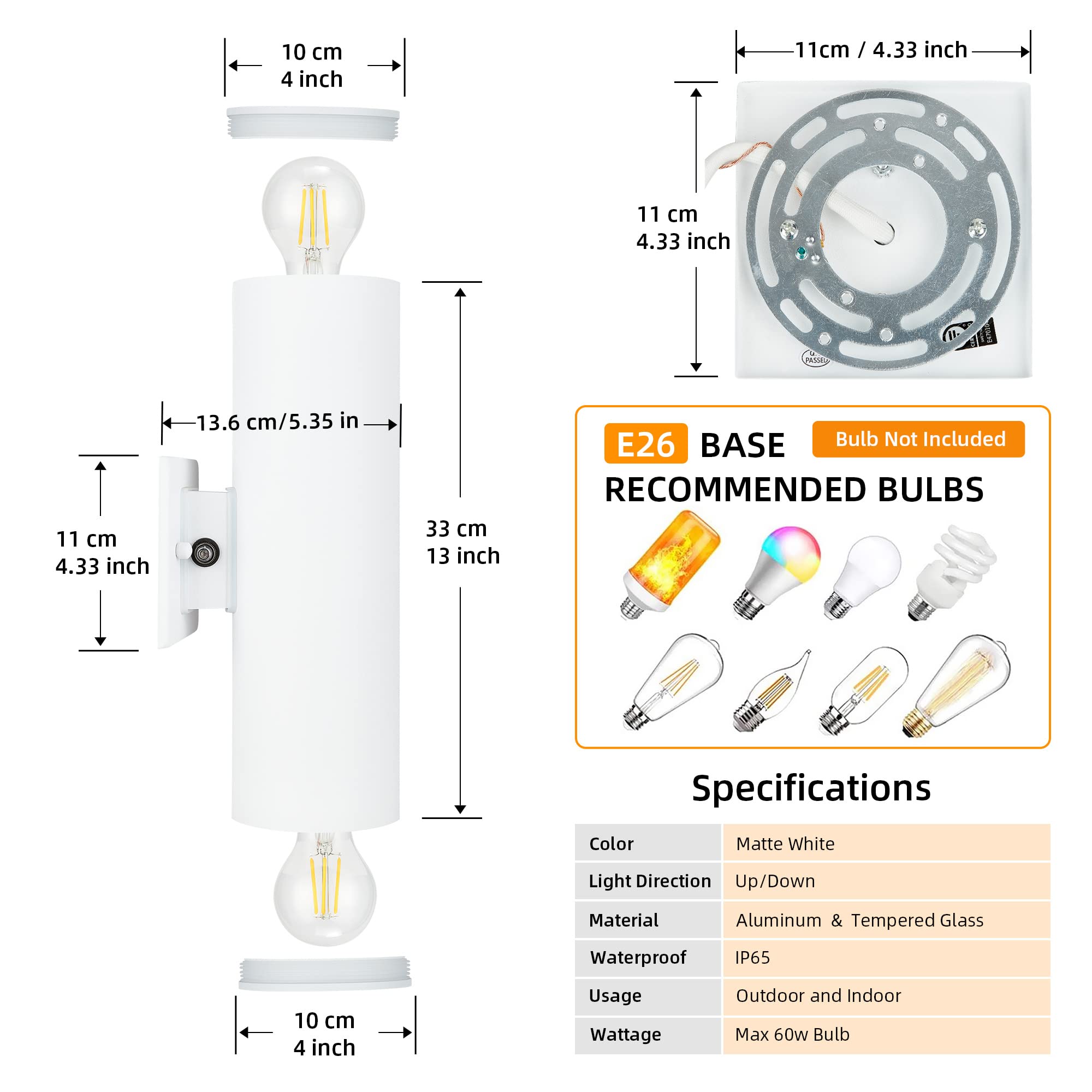 Outdoor Wall Lights with Dusk to Dawn Sensor - Matte White Exterior Lanterns, E26 Base Socket, Waterproof & Anti-Rust Up Down Wall Mount Lights for Porch, Patio, Garage Doorway - Perfect for Home Security and Nighttime Illumination