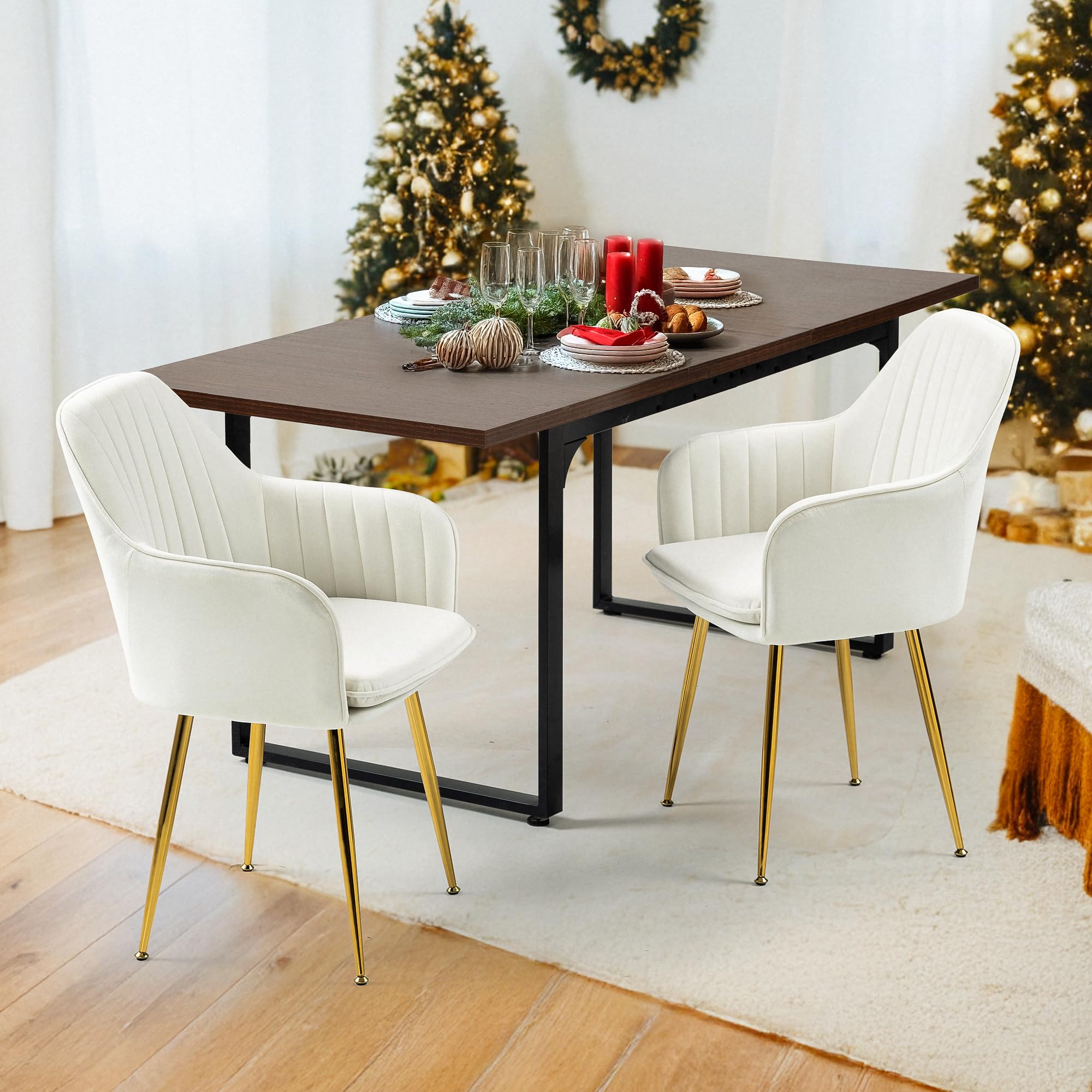ECOTOUGE Velvet Dining Chairs Set of 2 - Modern Upholstered Armchairs with Golden Metal Legs, Mid Century Kitchen & Living Room Accent Chairs in Beige | Perfect for Dining Room, Breakfast Nook & Lounge Area