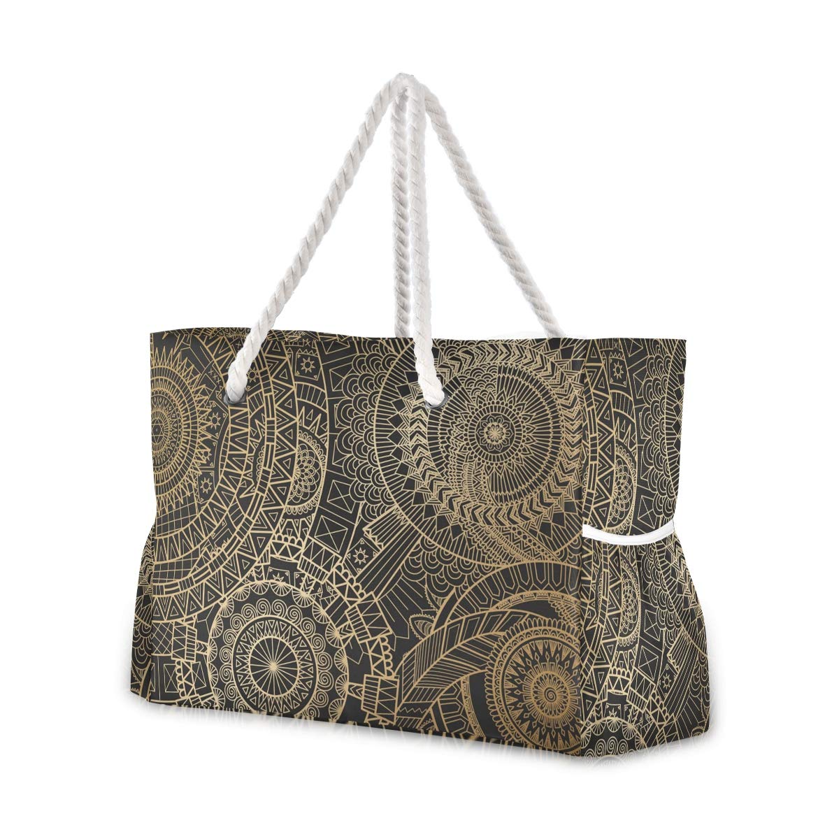 ALAZA Beach Bag - Stylish Black Travel Tote with Golden Mandala Design for Women | Perfect for Camping, Gym, Yoga & Beach Outings | Water-Resistant & Spacious Carryall