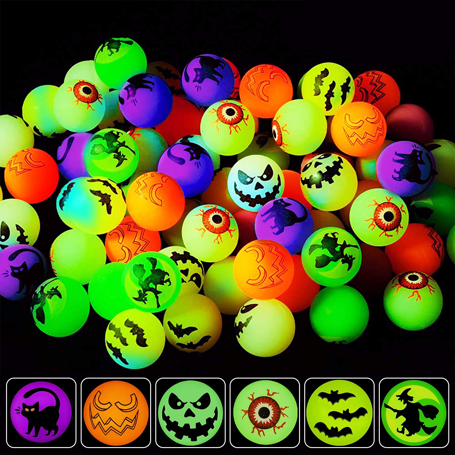 **72-Piece Glow in The Dark Halloween Bouncing Balls - 6 Fun Themed Designs for Trick or Treat, Party Favors, Classroom Rewards & Game Prizes - Perfect for Halloween Parties, School Events & Trick or Treat Bags**