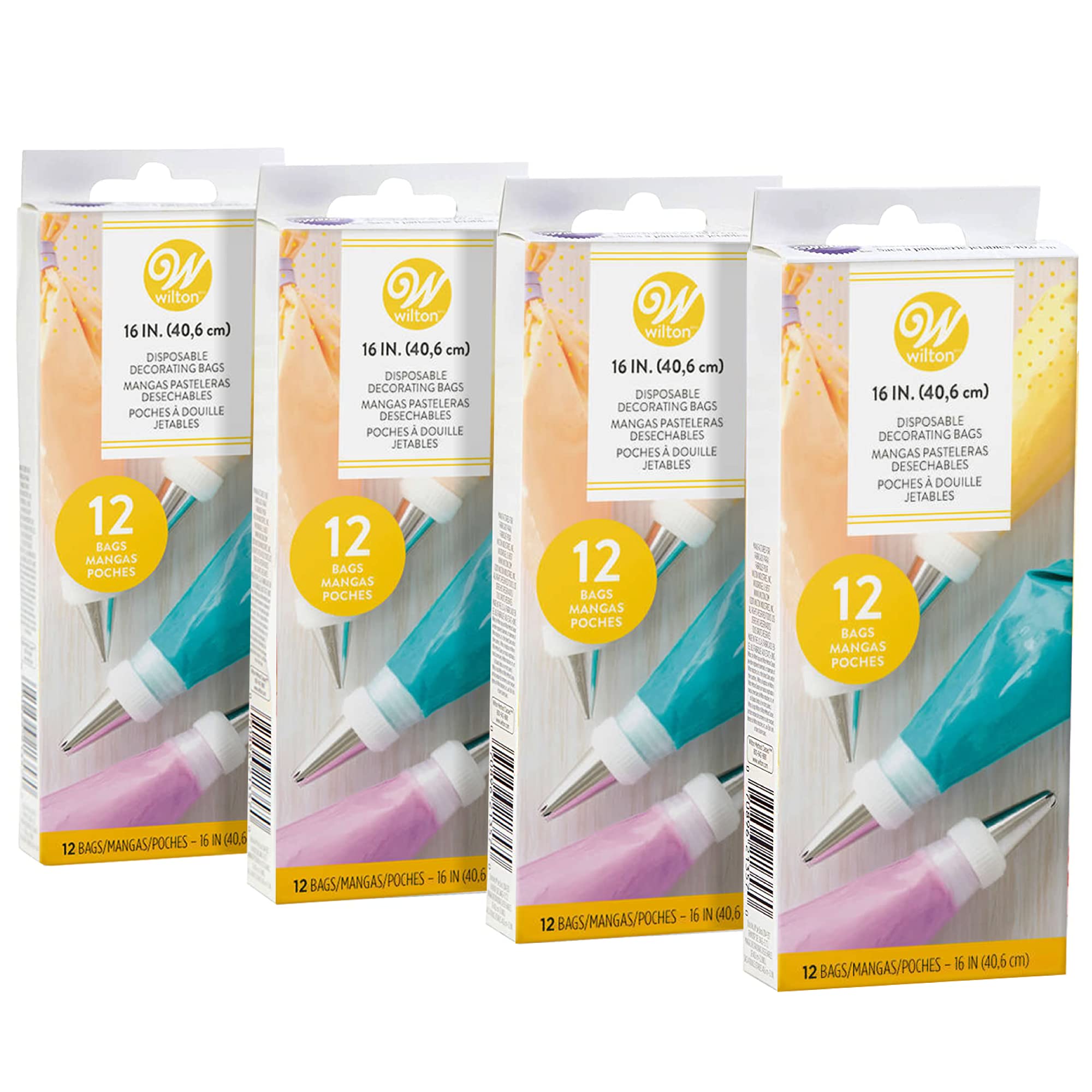 Wilton Disposable Decorating Bags 16-Inch, 12-Count (Pack of 4) - Professional Cake Piping Bags for Baking, Cookie Decorating, Cupcake Icing & Candy Making - Ideal for Home Bakers, Party Treats & Holiday Desserts