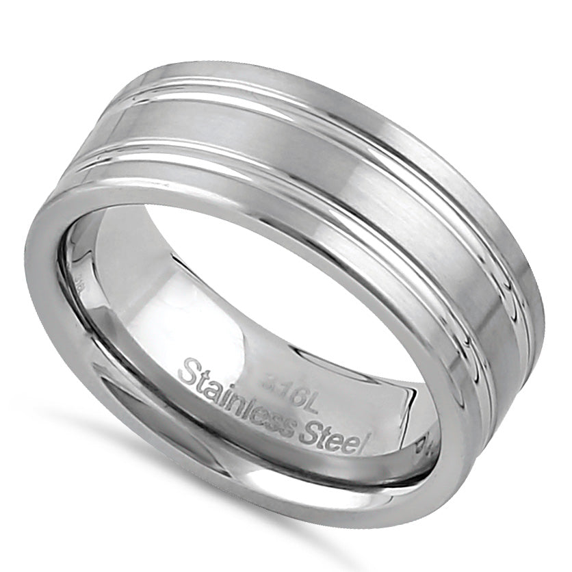 8mm Brushed Stainless Steel Men's Wedding Band with Grooves - Durable & Stylish Ring for Men's Jewelry, Engagement, Anniversary Gifts