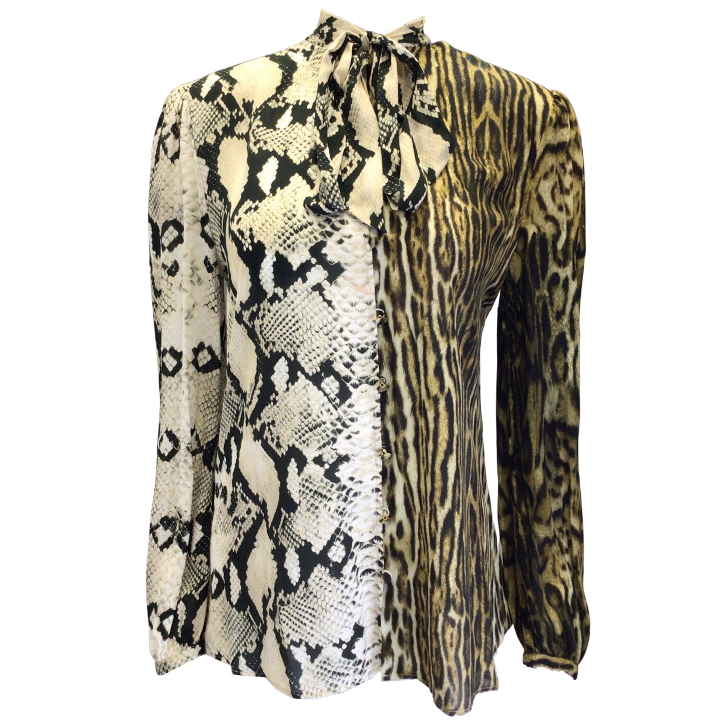 Roberto Cavalli Women's Ivory Tan Black Multi Animal Print Tie Neck Paneled Blouse for Party & Evening Wear