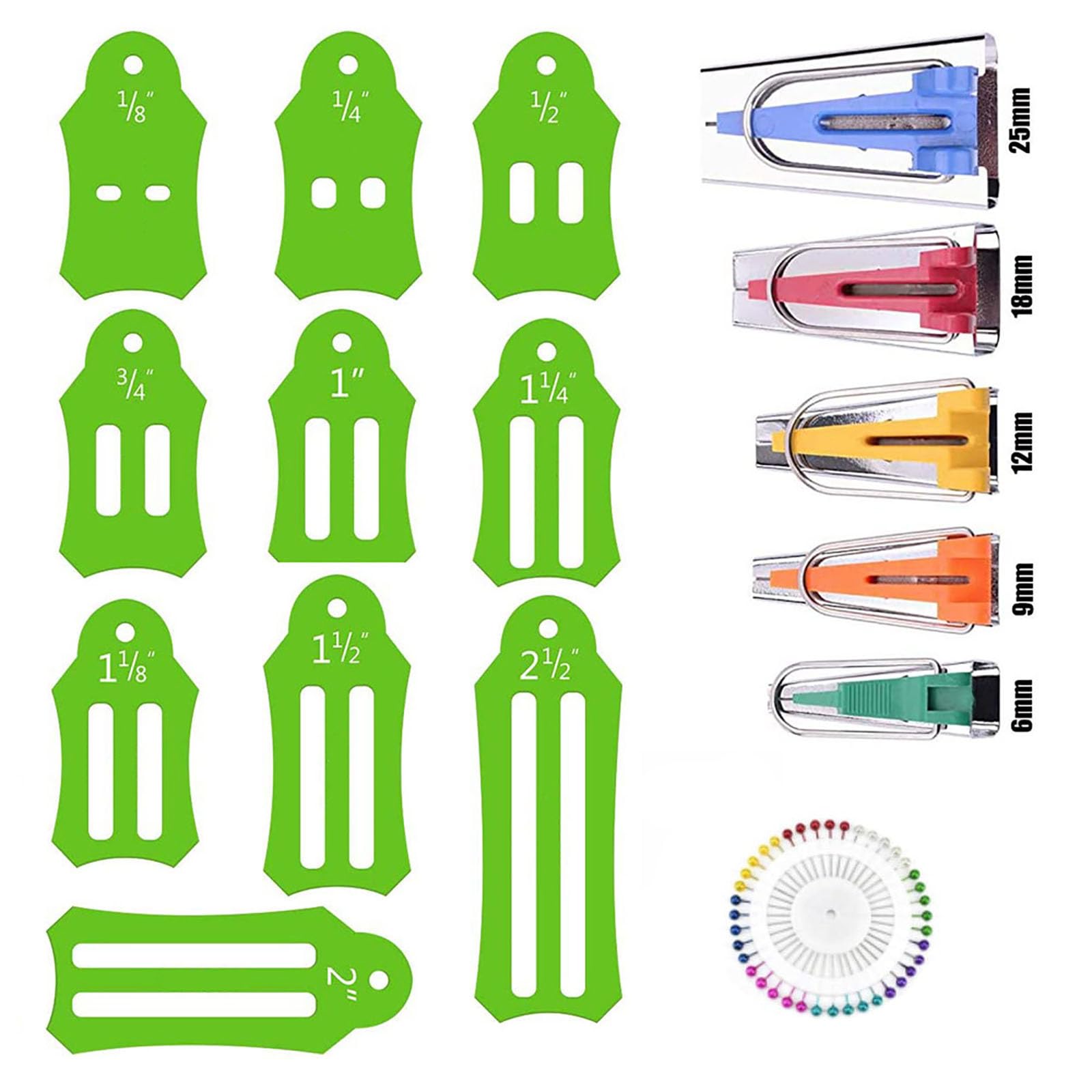 Bequilter Fabric Bias Tape Maker Tool Set - 15 Sizes for Sewing, Quilting & Bias Binding | Includes 40 Multi-Color Quilting Pins & Jelly Roll Sasher | Perfect for DIY Crafts, Dressmaking & Home Decor Projects