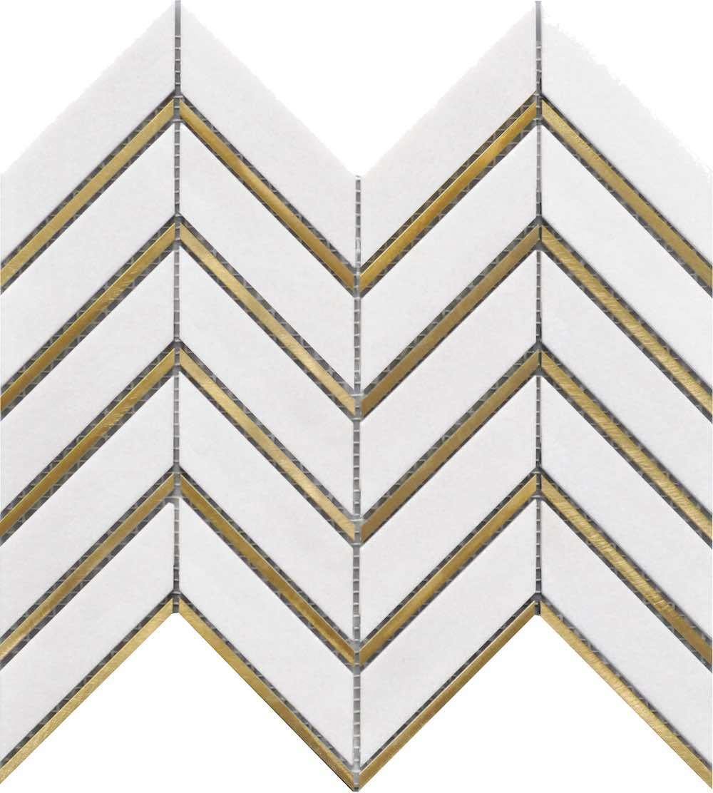 Premium Inlay Brass Gold Chevron White Tile - Elegant Geometric Mosaic for Kitchen Backsplash, Bathroom Floor, and Shower Wall Design