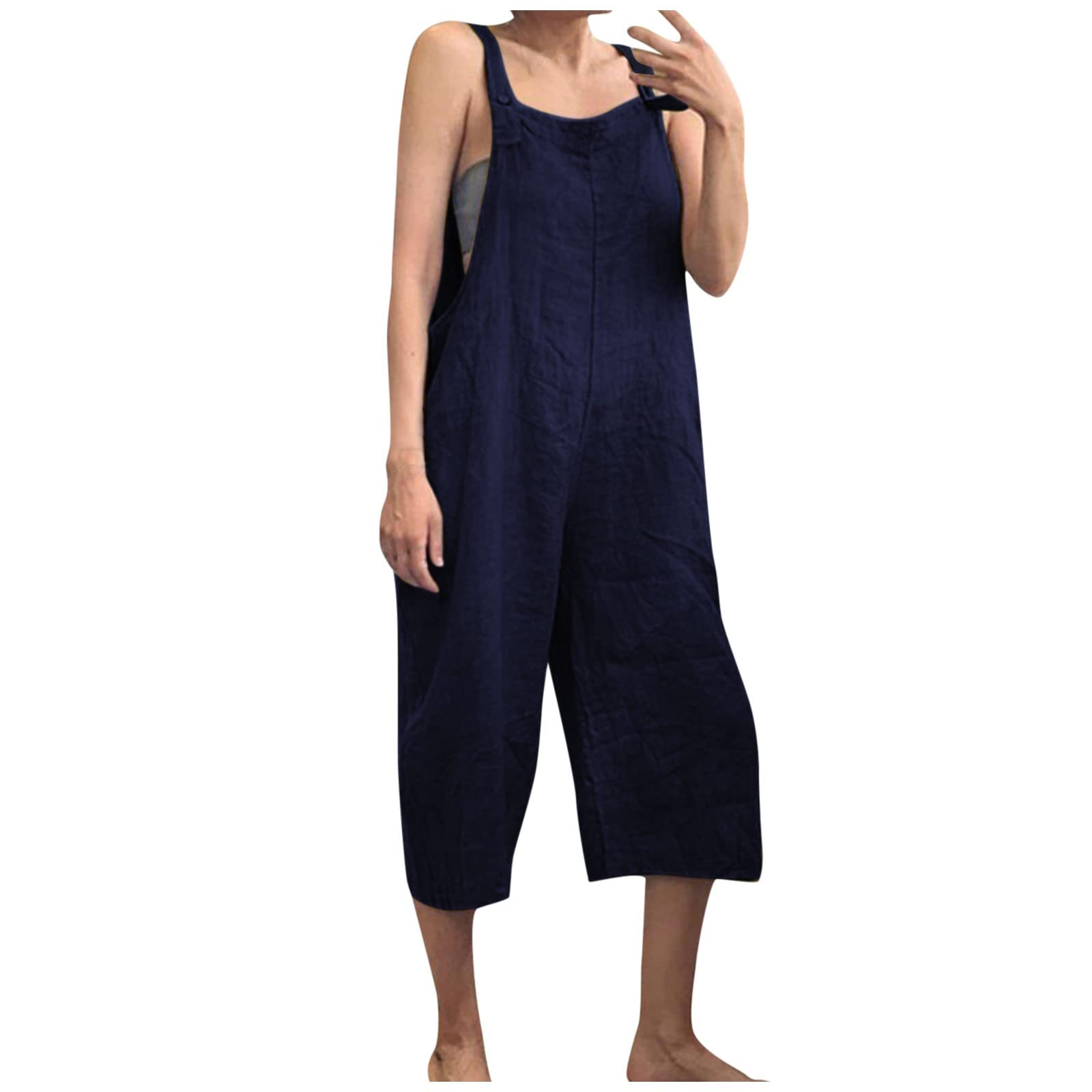 Messigaot Women's Linen Overall Jumpsuit - Solid Color Cropped Bib Pants, Loose Baggy Cotton Wide Leg Romper | Perfect for Casual Outings, Summer Wear & Boho Fashion